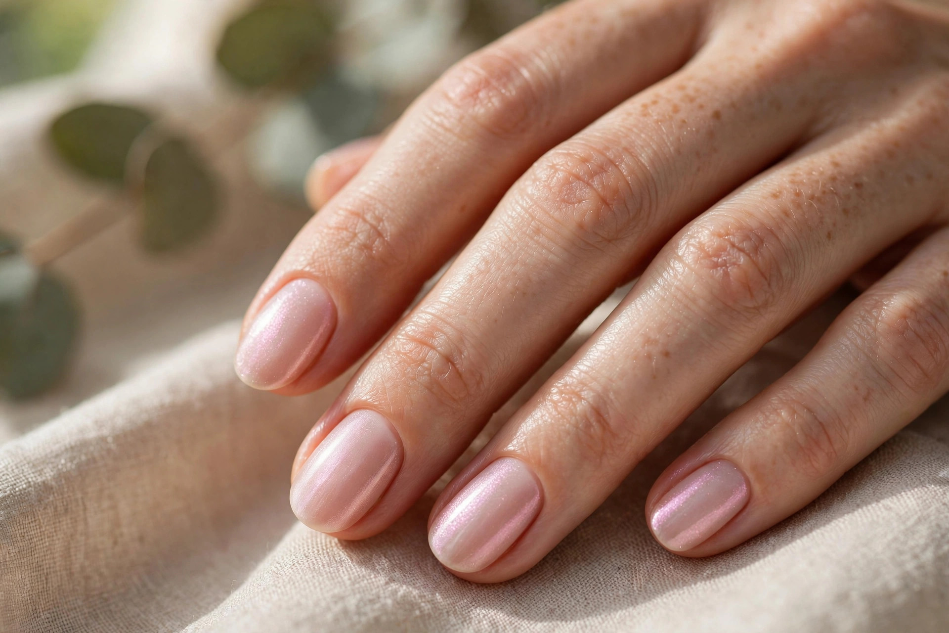 Short oval nails in sheer pearlescent pink polish