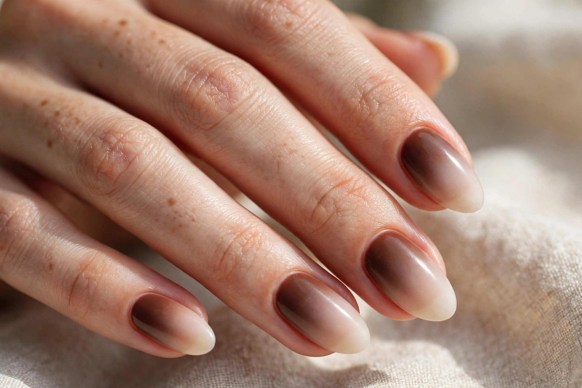Short almond nails with mocha brown ombre fading to milky nude