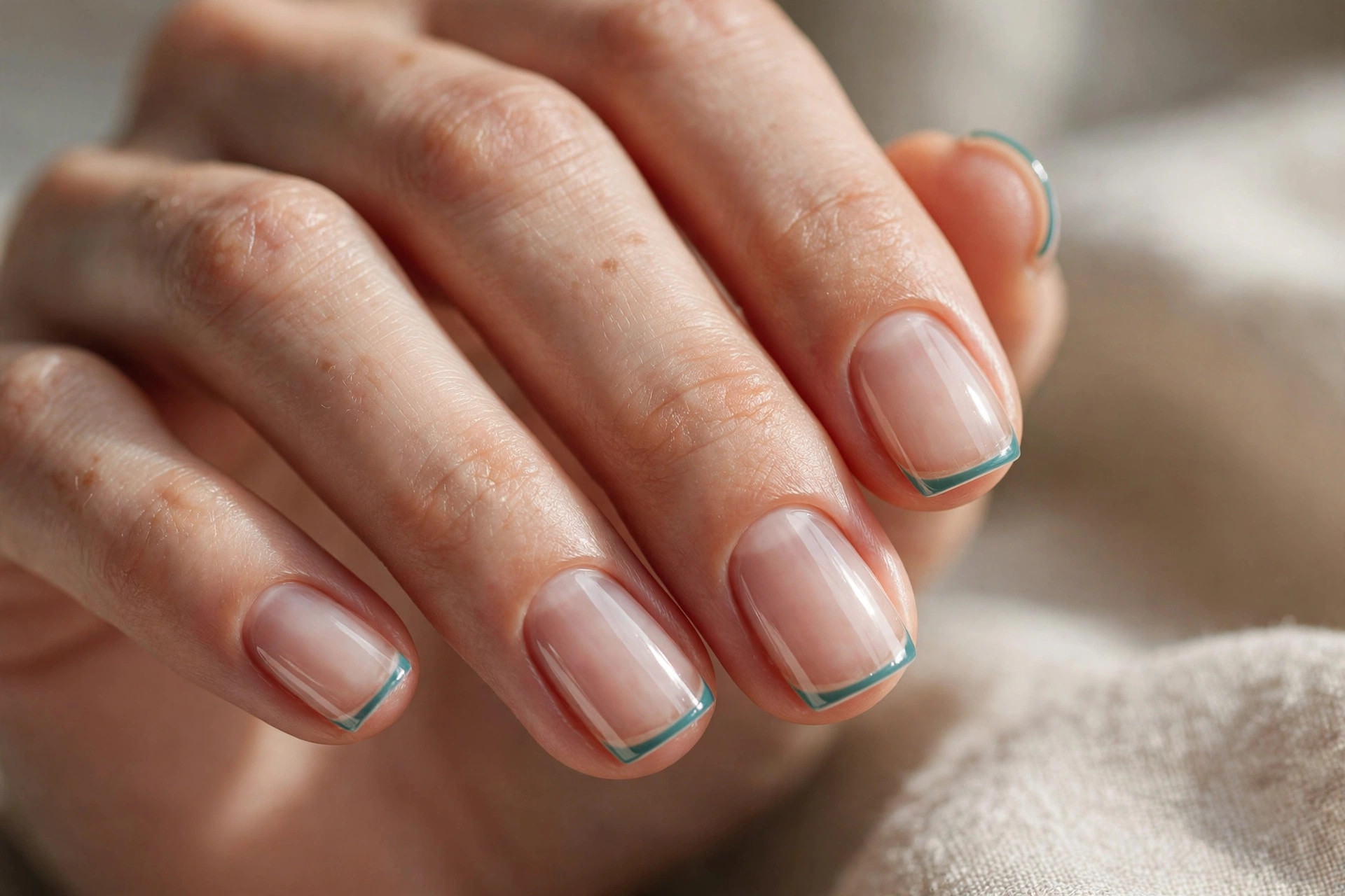 Short squoval nails with clear base and razor-thin teal French tips