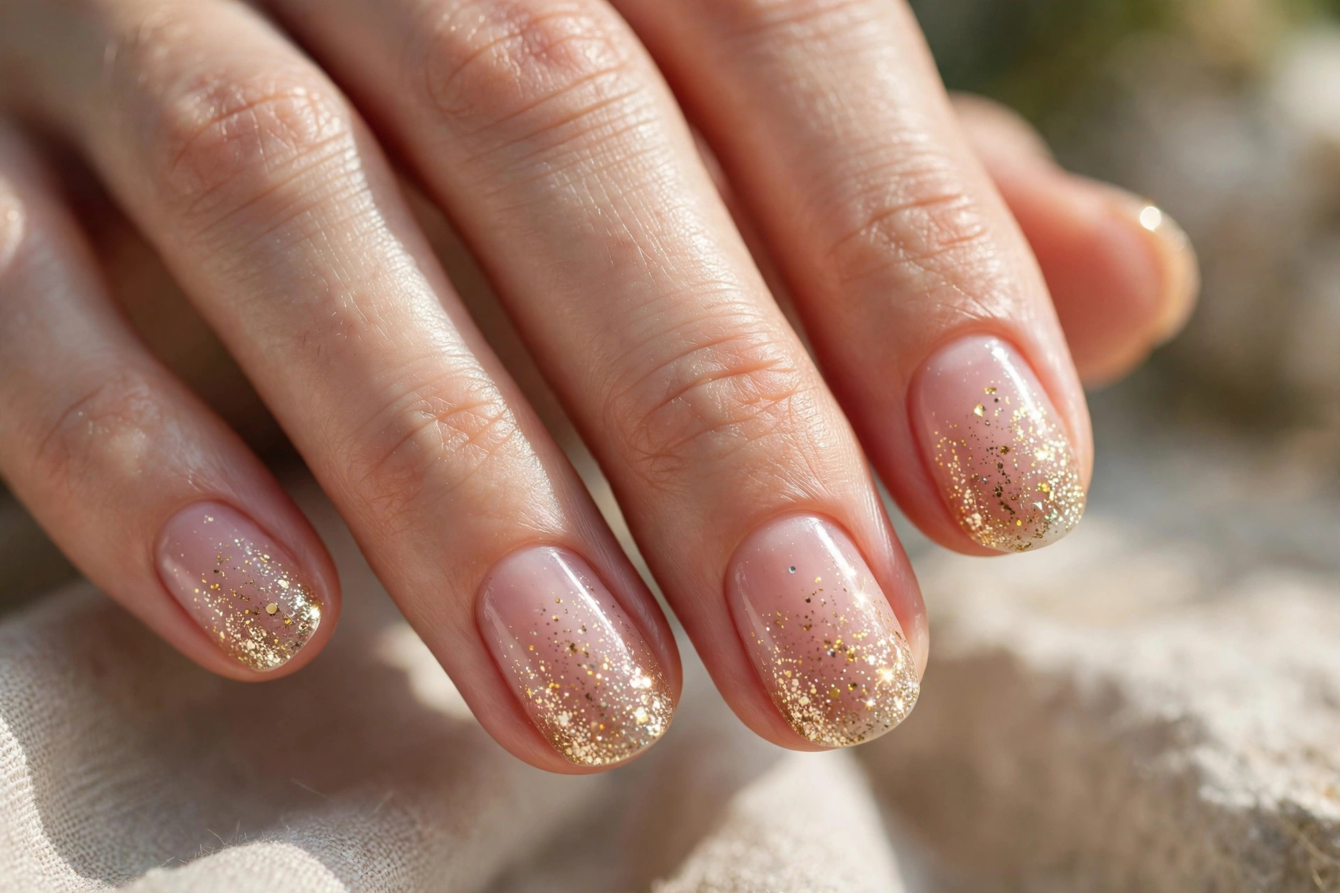 Short rounded nails with sheer pink base and gold glitter fading from tips