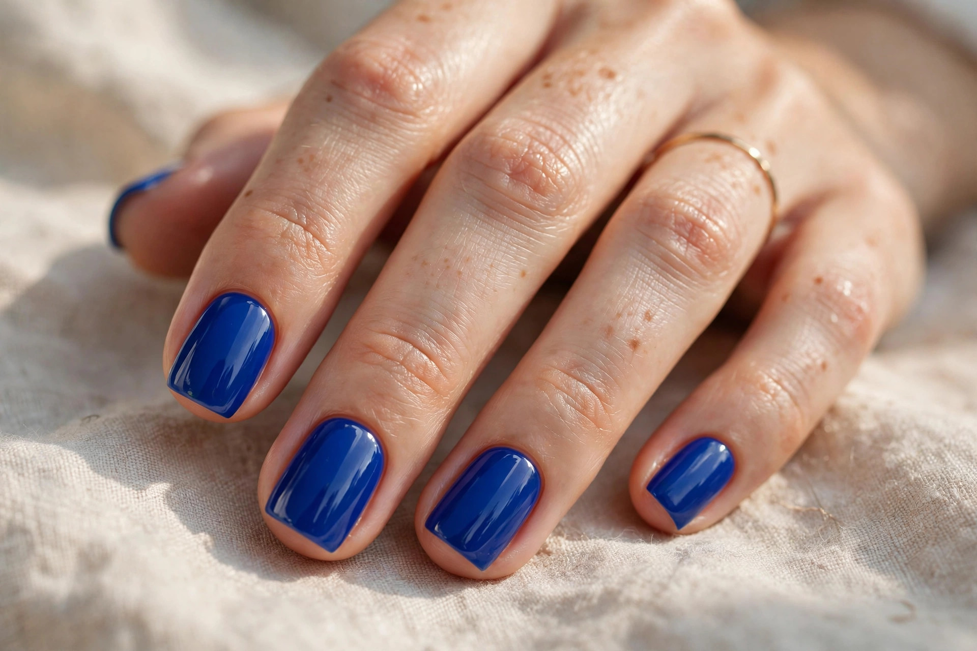 Short square nails in saturated glossy cobalt blue polish
