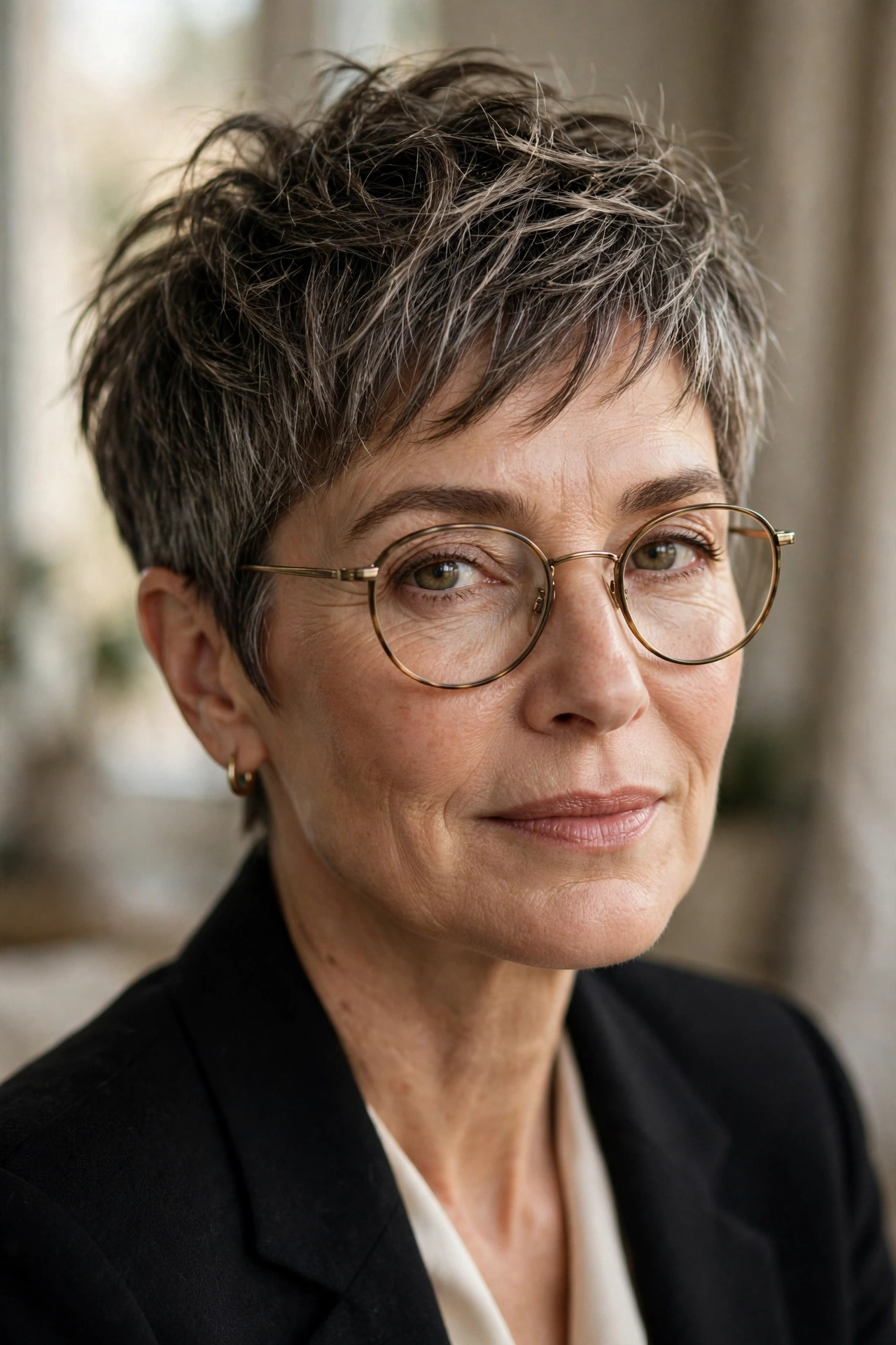 Elegant woman in her 50s with a tousled crown pixie wearing round glasses