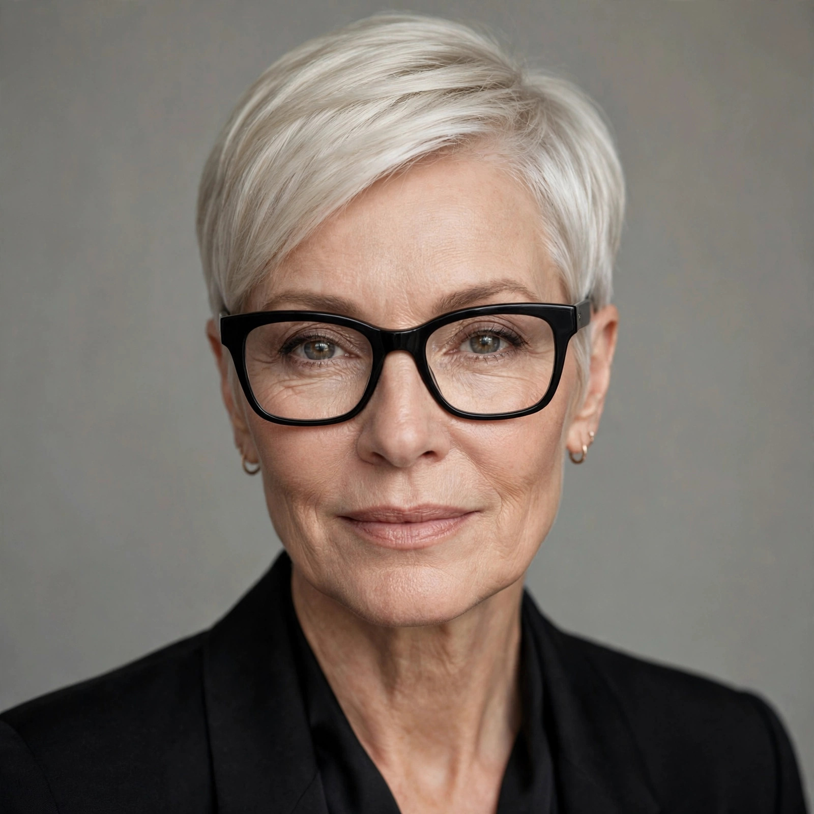 Woman in her 50s with sleek platinum tapered pixie and bold black glasses