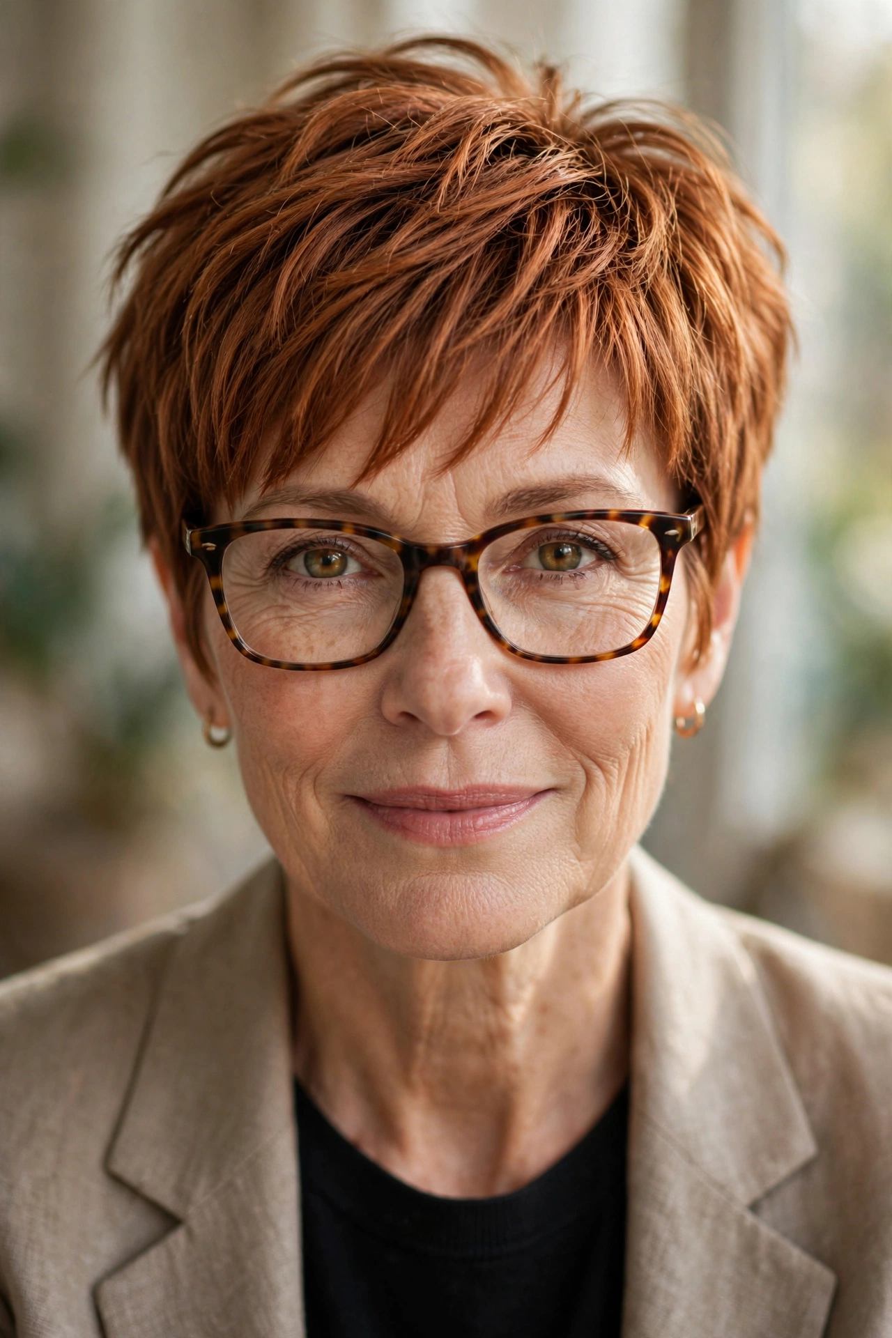 Woman in her 50s with copper piecey pixie wearing tortoiseshell glasses