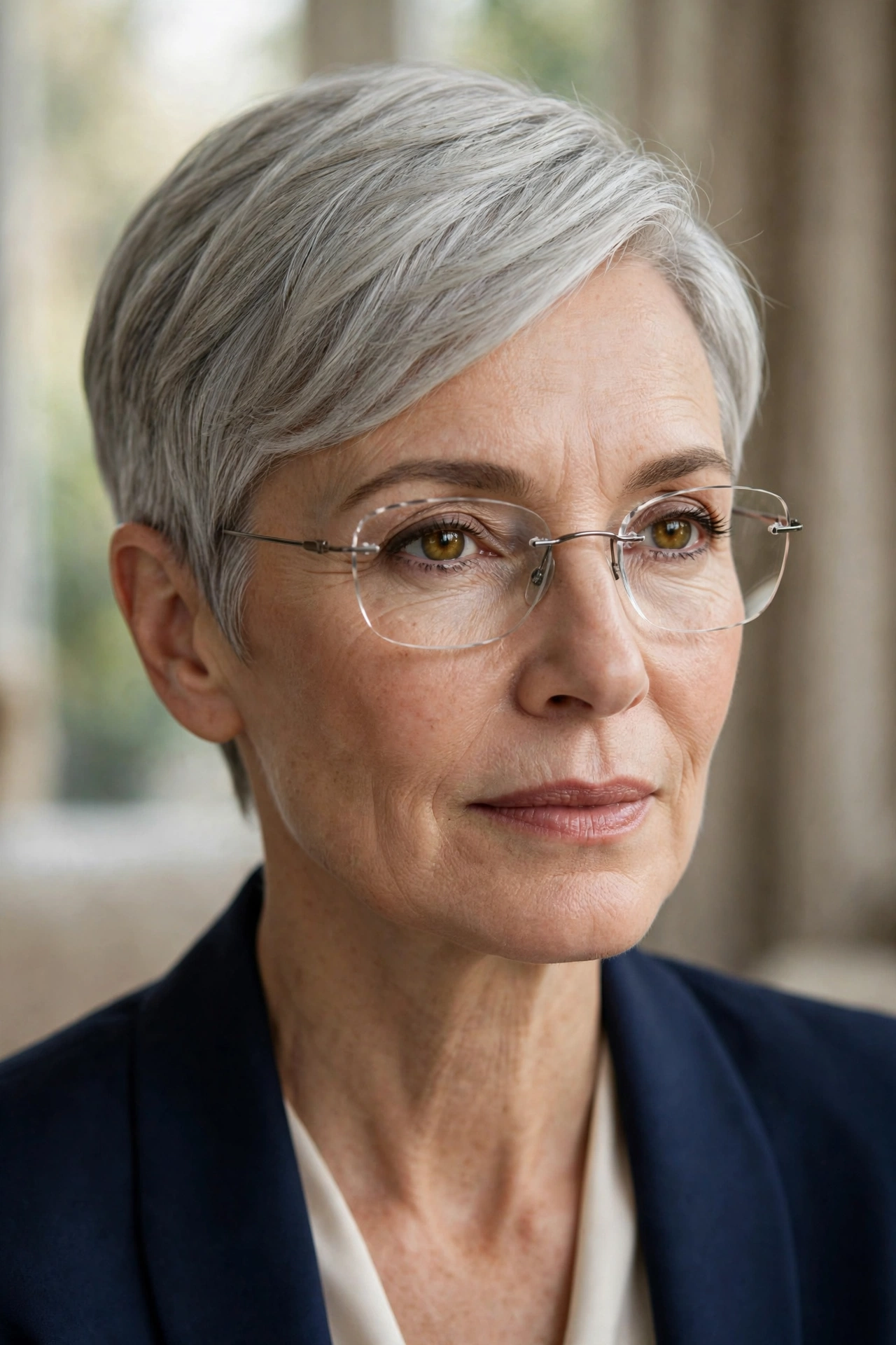 Woman in her 50s with silver side-swept pixie and rimless glasses