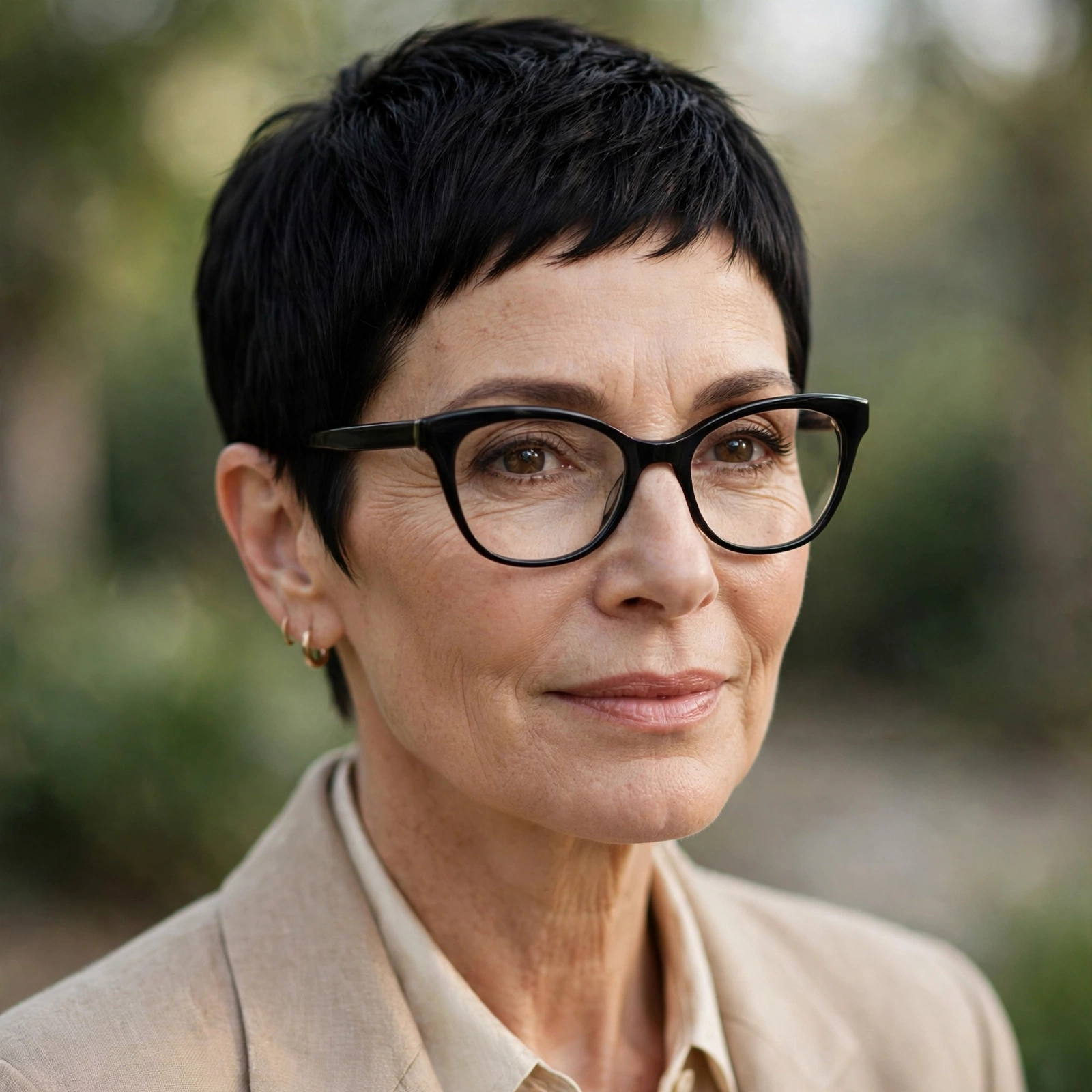 Woman in her 50s with jet-black cropped pixie and cat-eye glasses