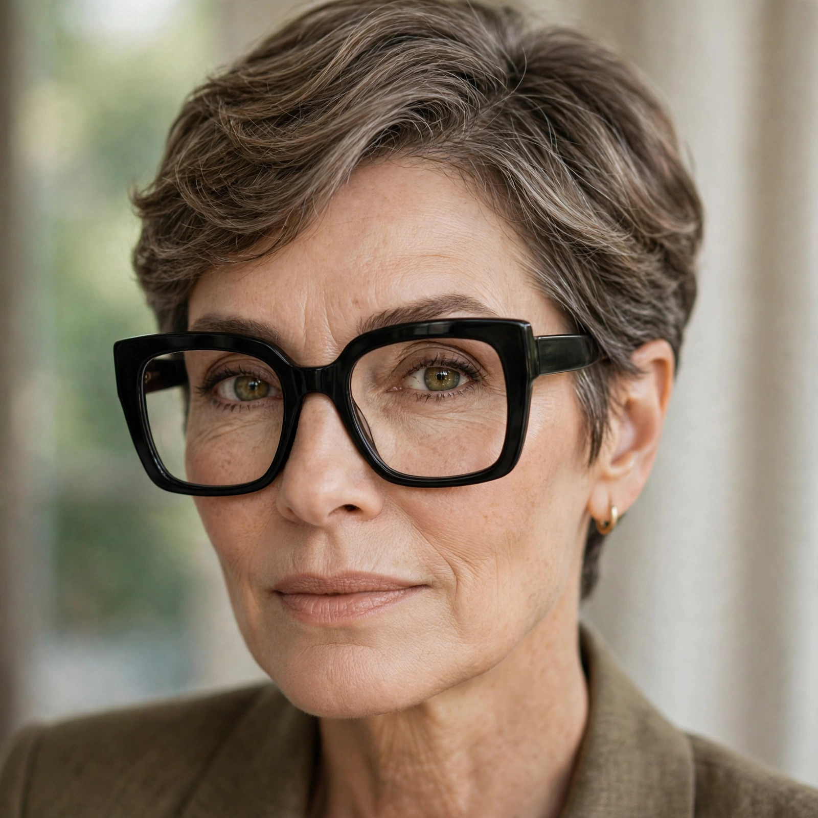 Woman in her 50s with soft waved pixie wearing oversized square glasses