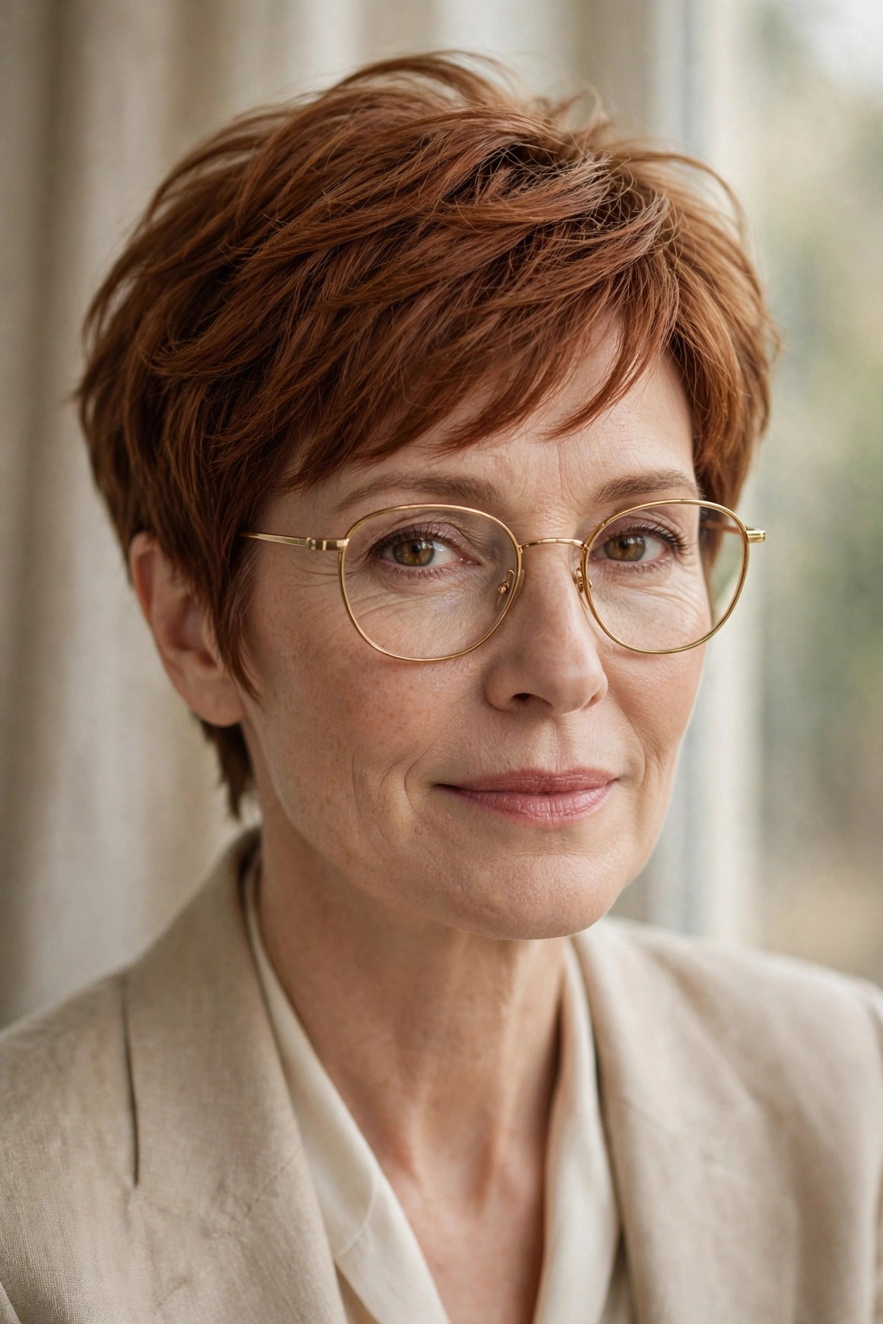 Woman in her 50s with auburn feathered pixie wearing warm metal glasses
