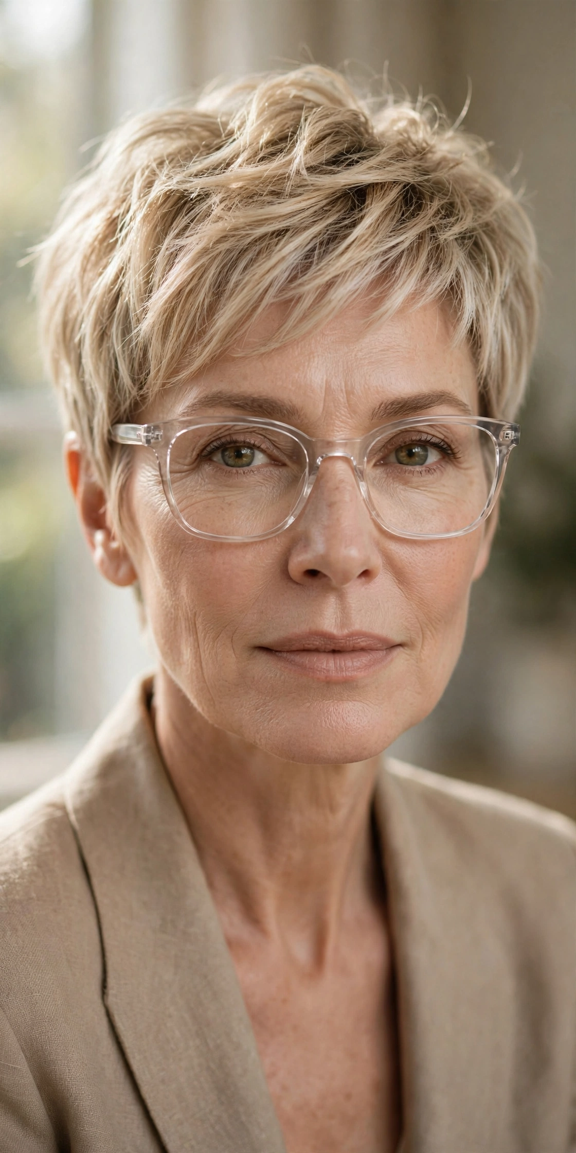 Woman in her 50s with champagne-blonde textured pixie and clear glasses