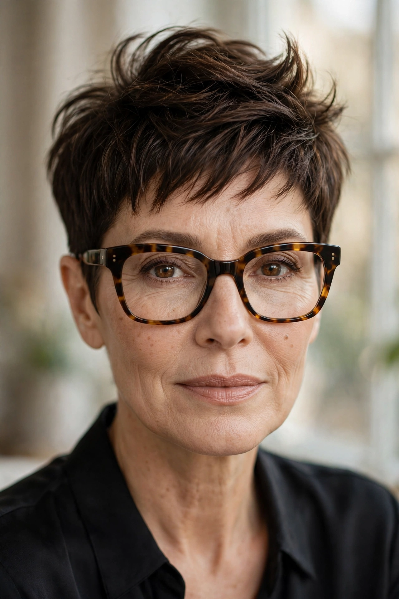 Woman in her 50s with espresso undercut pixie wearing statement glasses