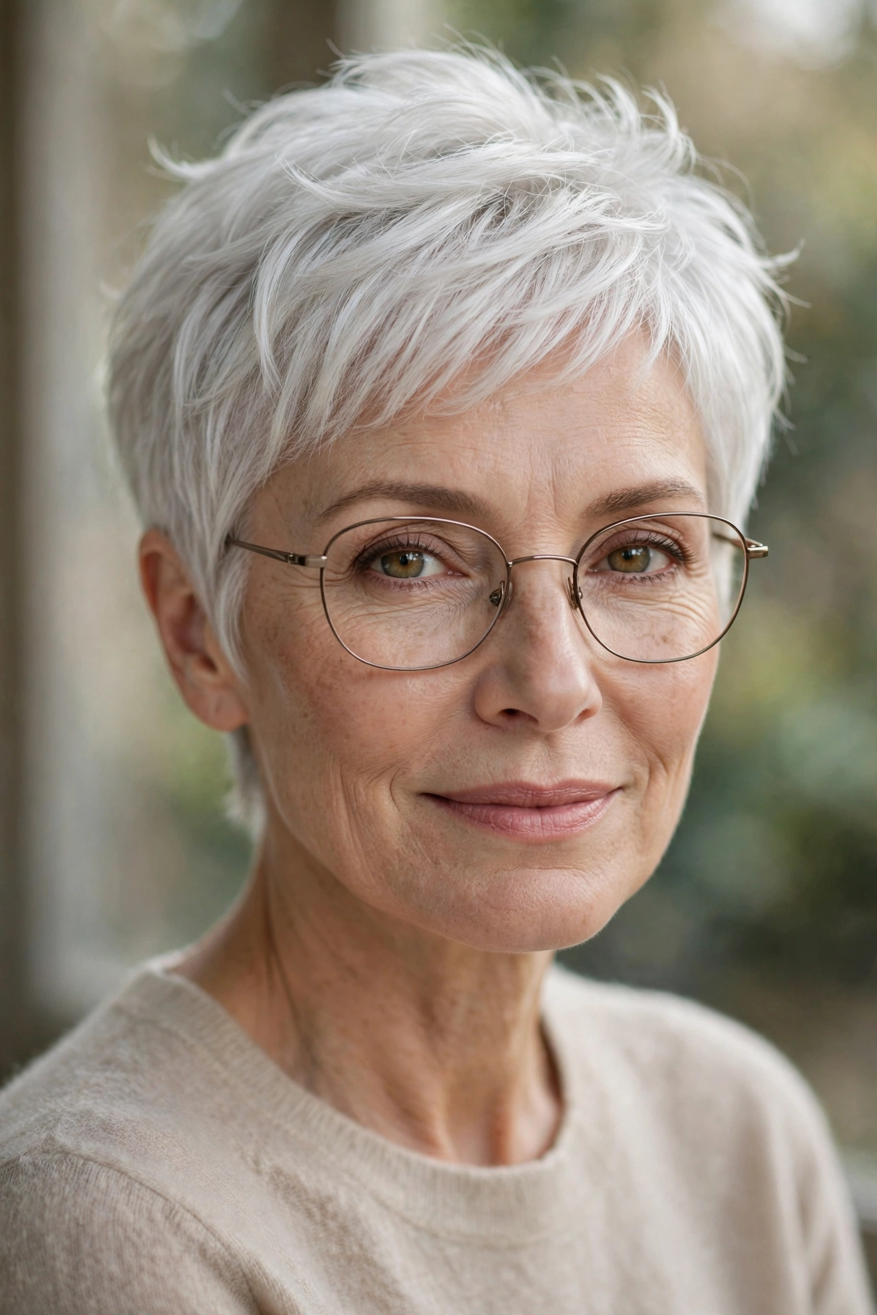Woman in her 50s with white feathered pixie wearing delicate thin glasses