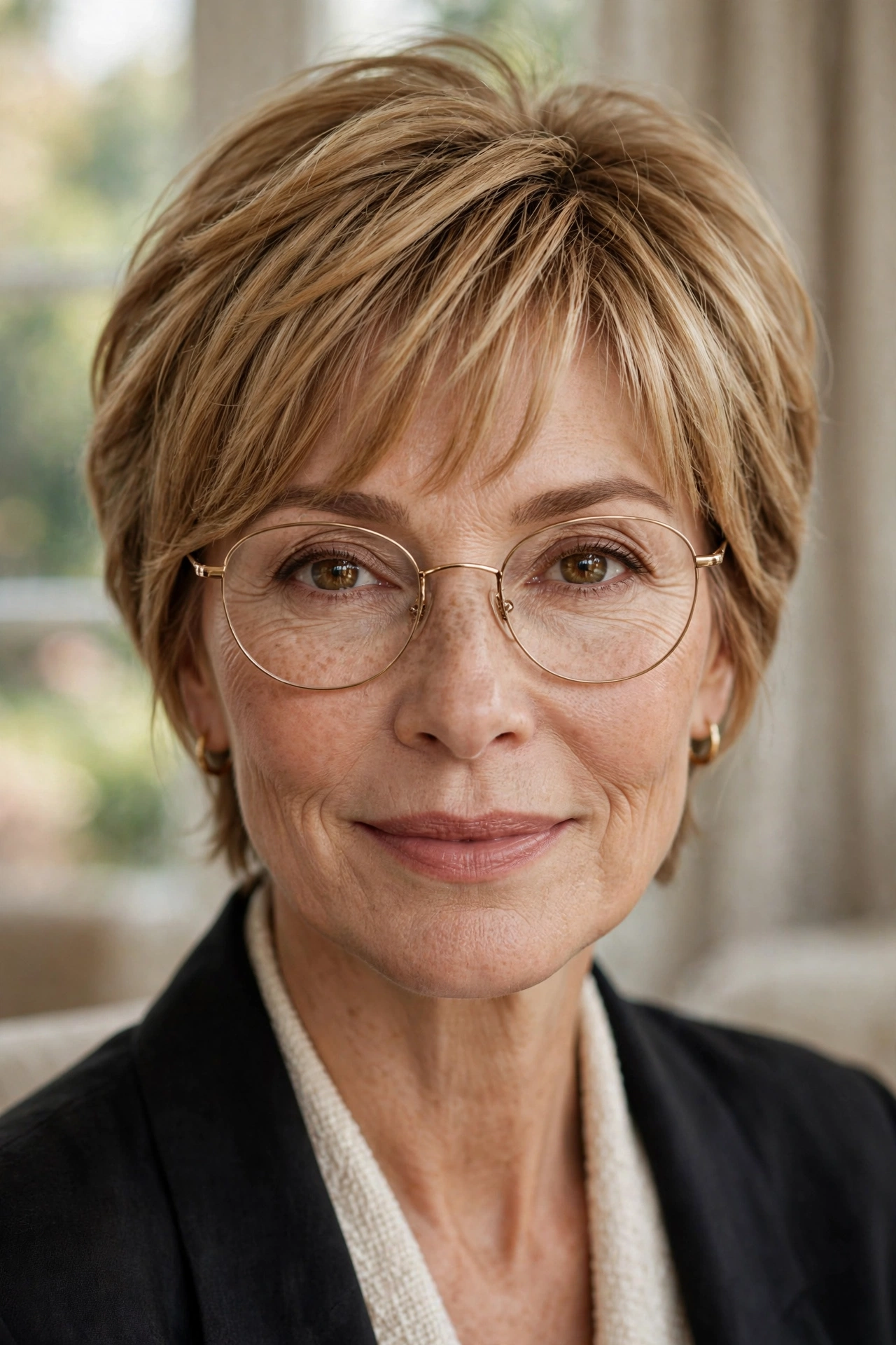 Woman in her 50s with honey-blonde layered pixie and gold wire glasses