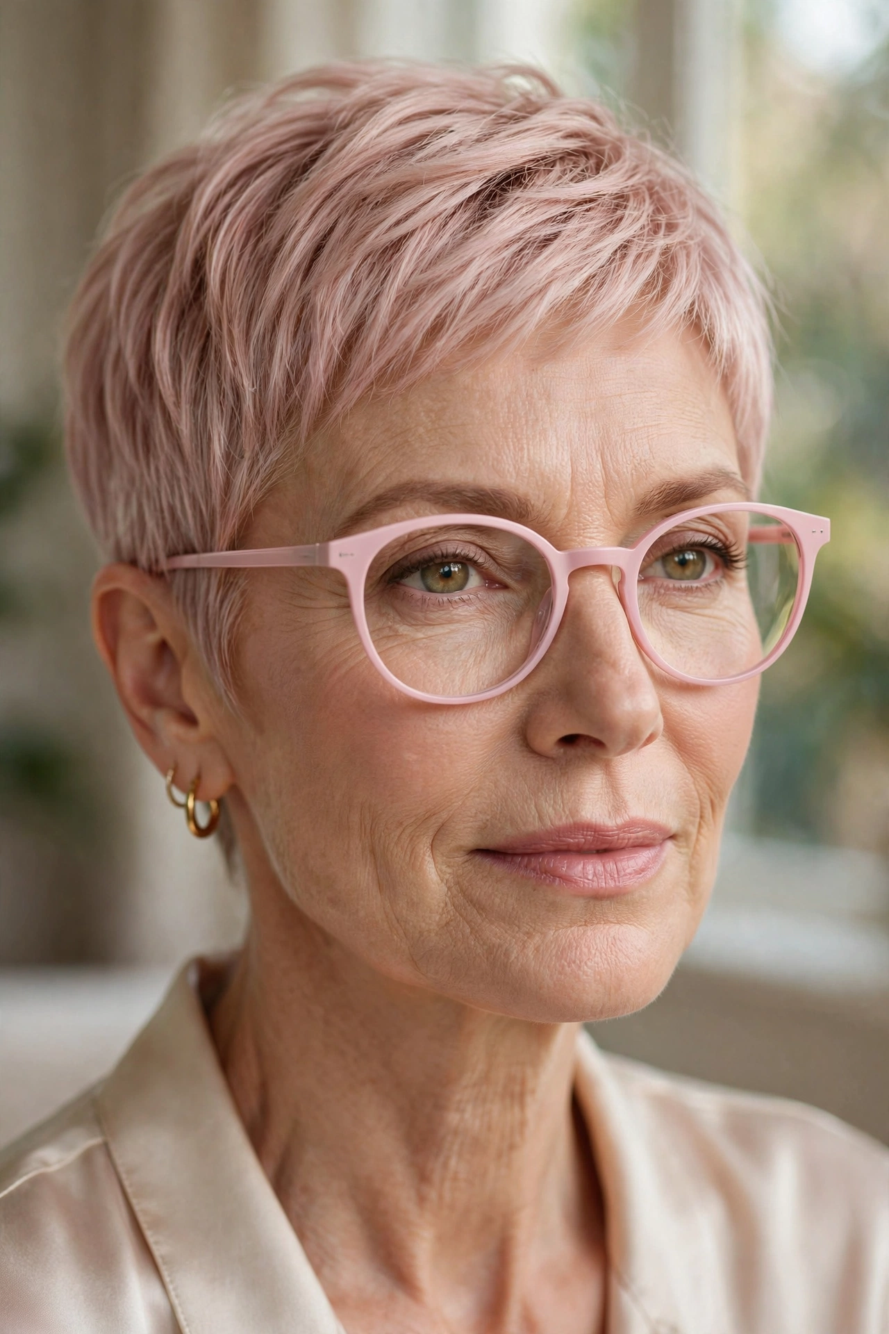 Woman in her 50s with blush-toned pixie wearing pastel pink glasses