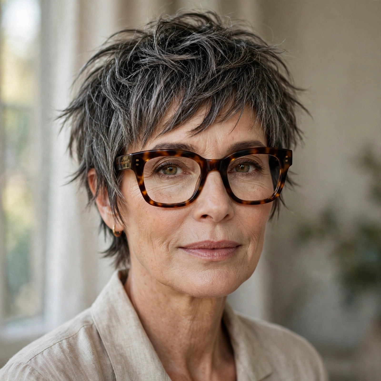 Woman in her 50s with choppy edgy pixie wearing chunky acetate glasses
