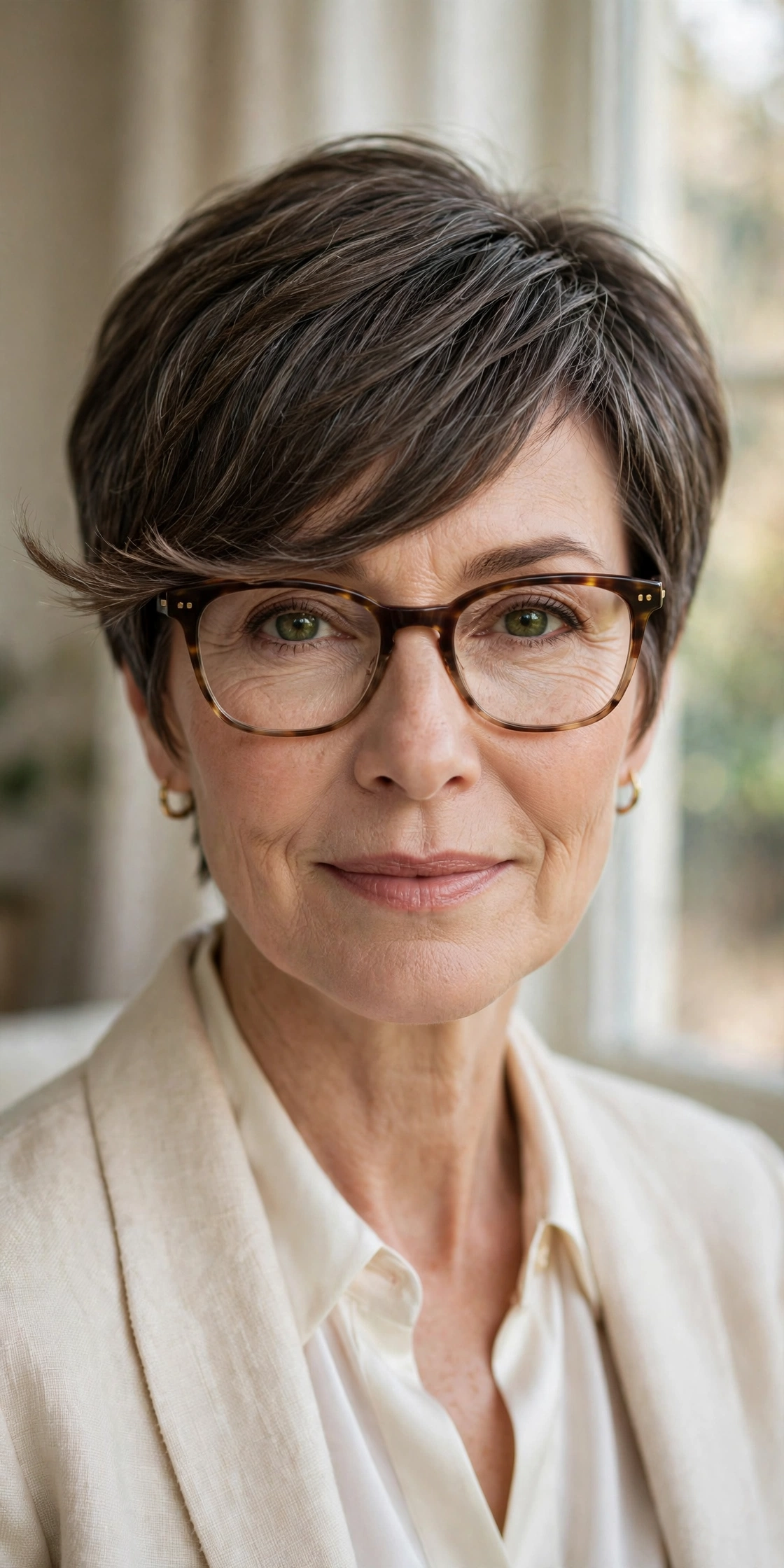 Woman in her 50s with side-parted pixie and long fringe wearing browline glasses