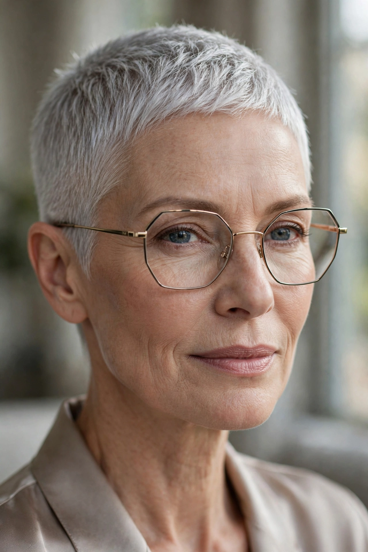 Woman in her 50s with icy silver micro pixie wearing geometric glasses