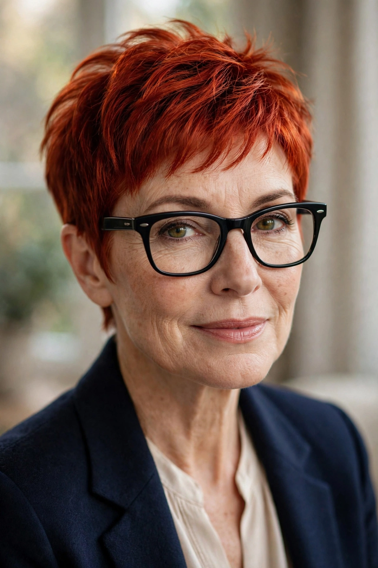 Woman in her 50s with fiery red pixie wearing classic wayfarer glasses