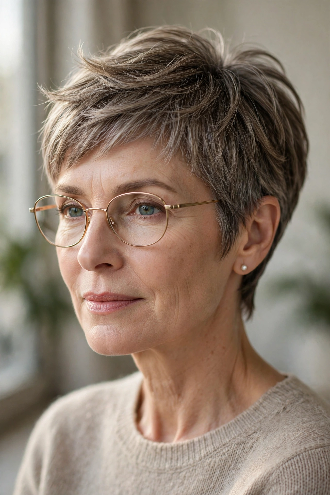 Woman in her 50s with feather-cut pixie and tapered nape wearing oval glasses