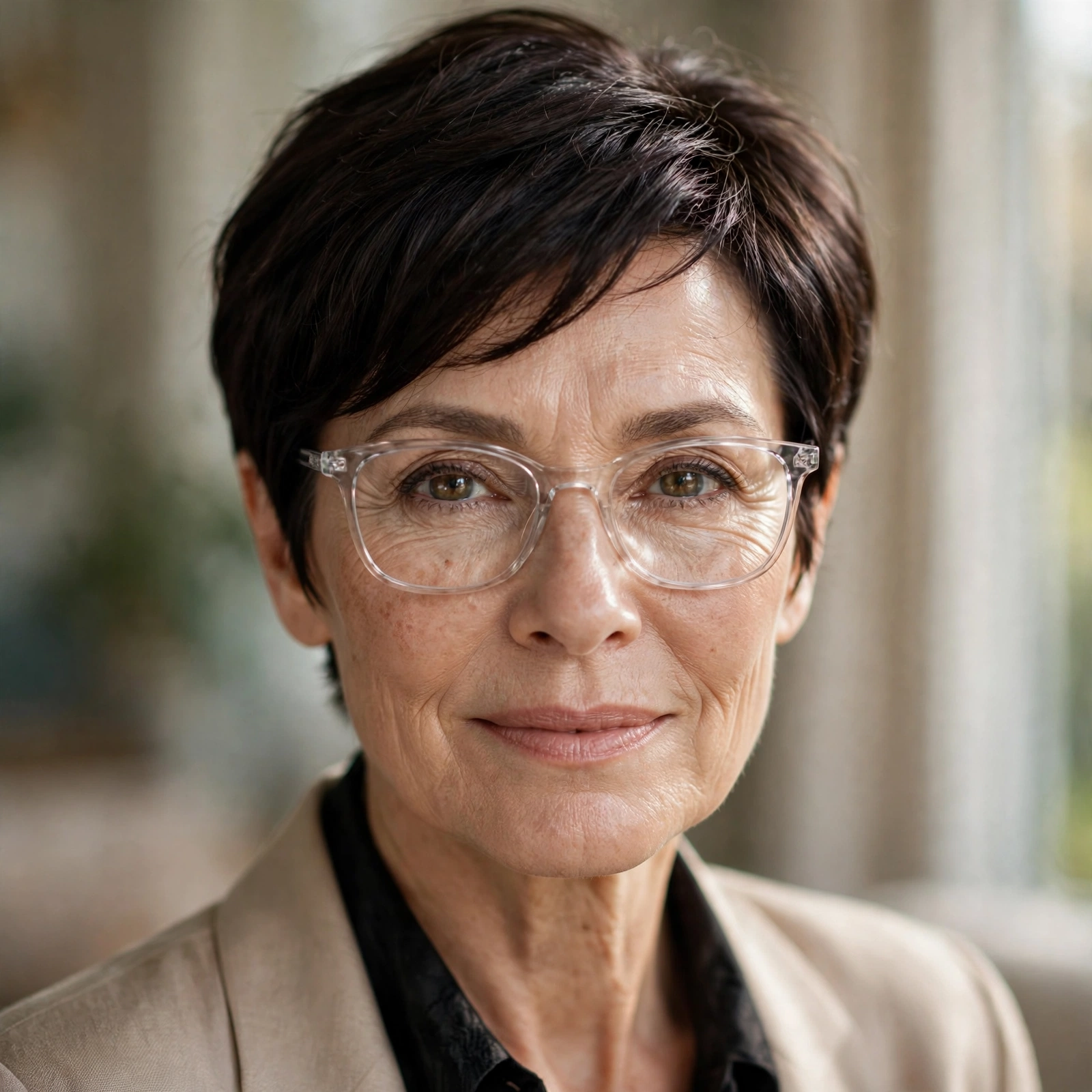 Woman in her 50s with glossy brunette pixie wearing crystal clear glasses