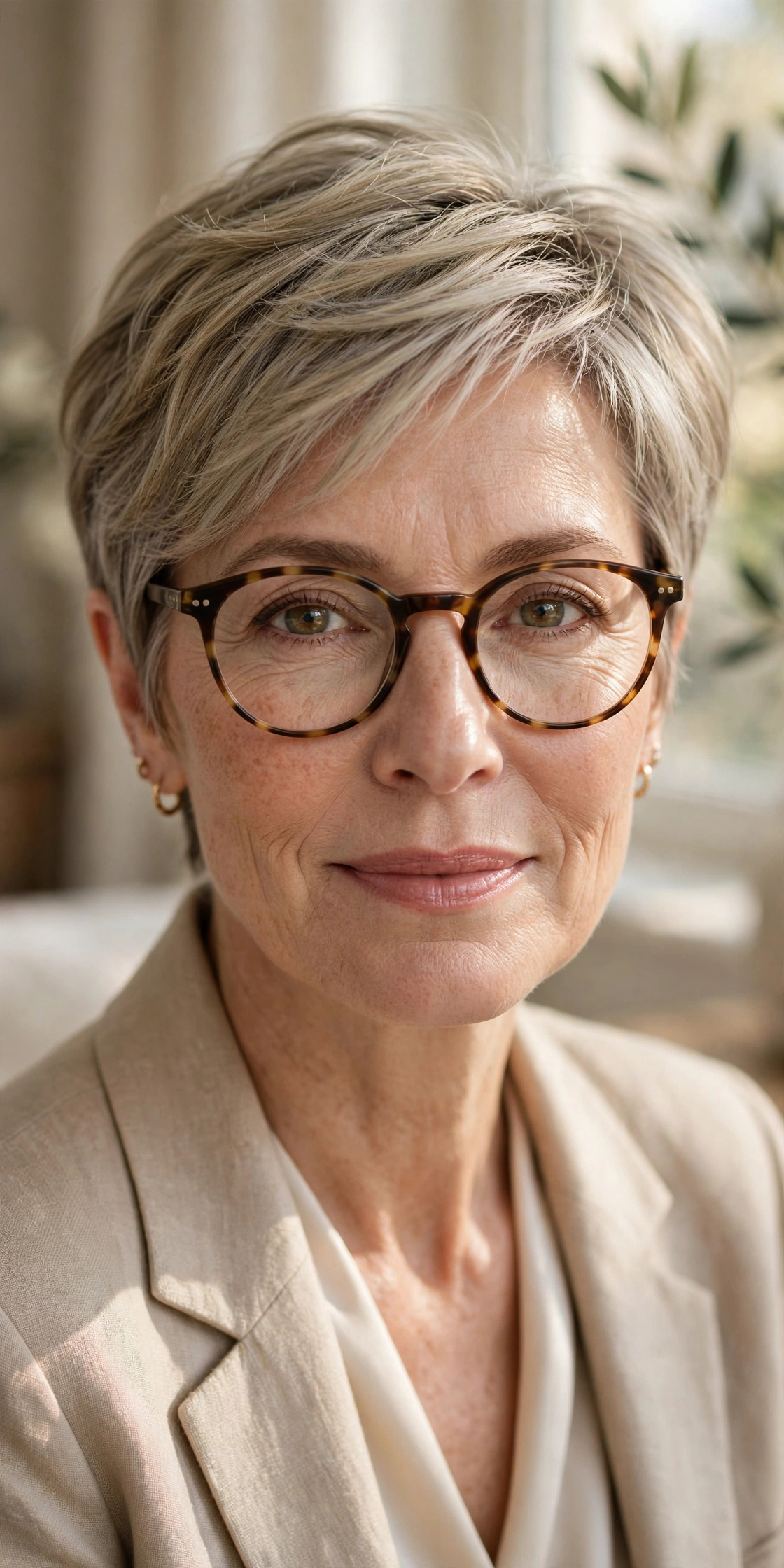 Woman in her 50s with ash pixie with olive undertones wearing tortoise round glasses