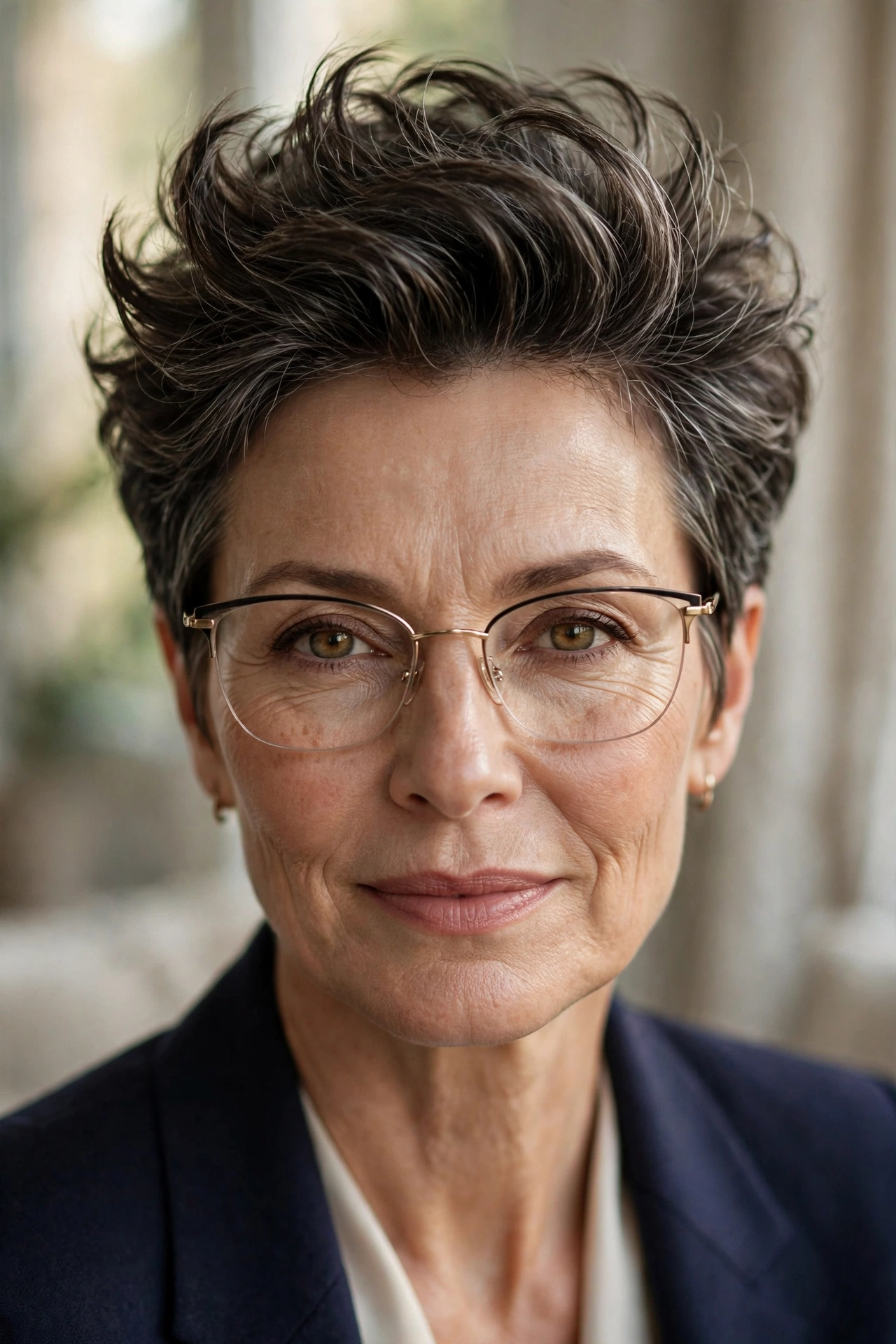 Woman in her 50s with lifted-crown pixie wearing semi-rimless glasses