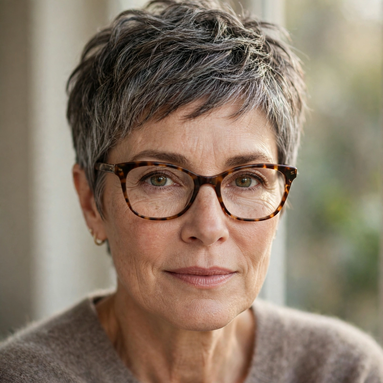 Woman in her 50s with salt-and-pepper pixie wearing tortoise cat-eye glasses