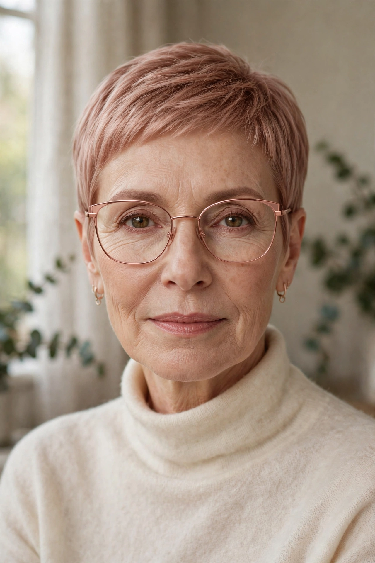 Woman in her 50s with rose-gold pixie wearing rose-gold metal glasses