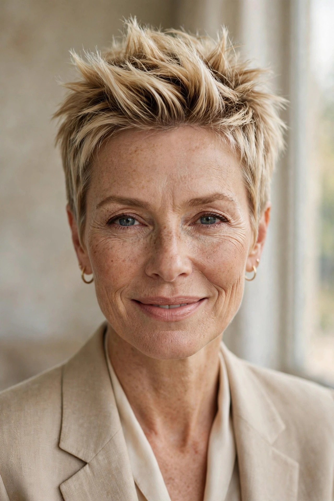 Woman in her 50s with a blonde root-lift spiky crop