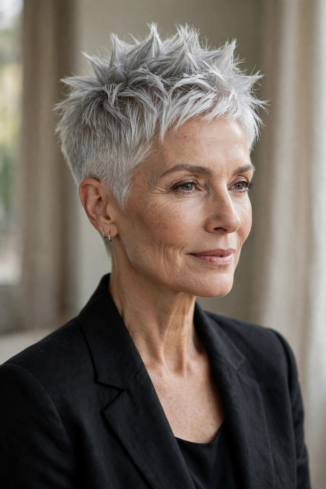 Woman in her 50s with a silver tapered spiky pixie