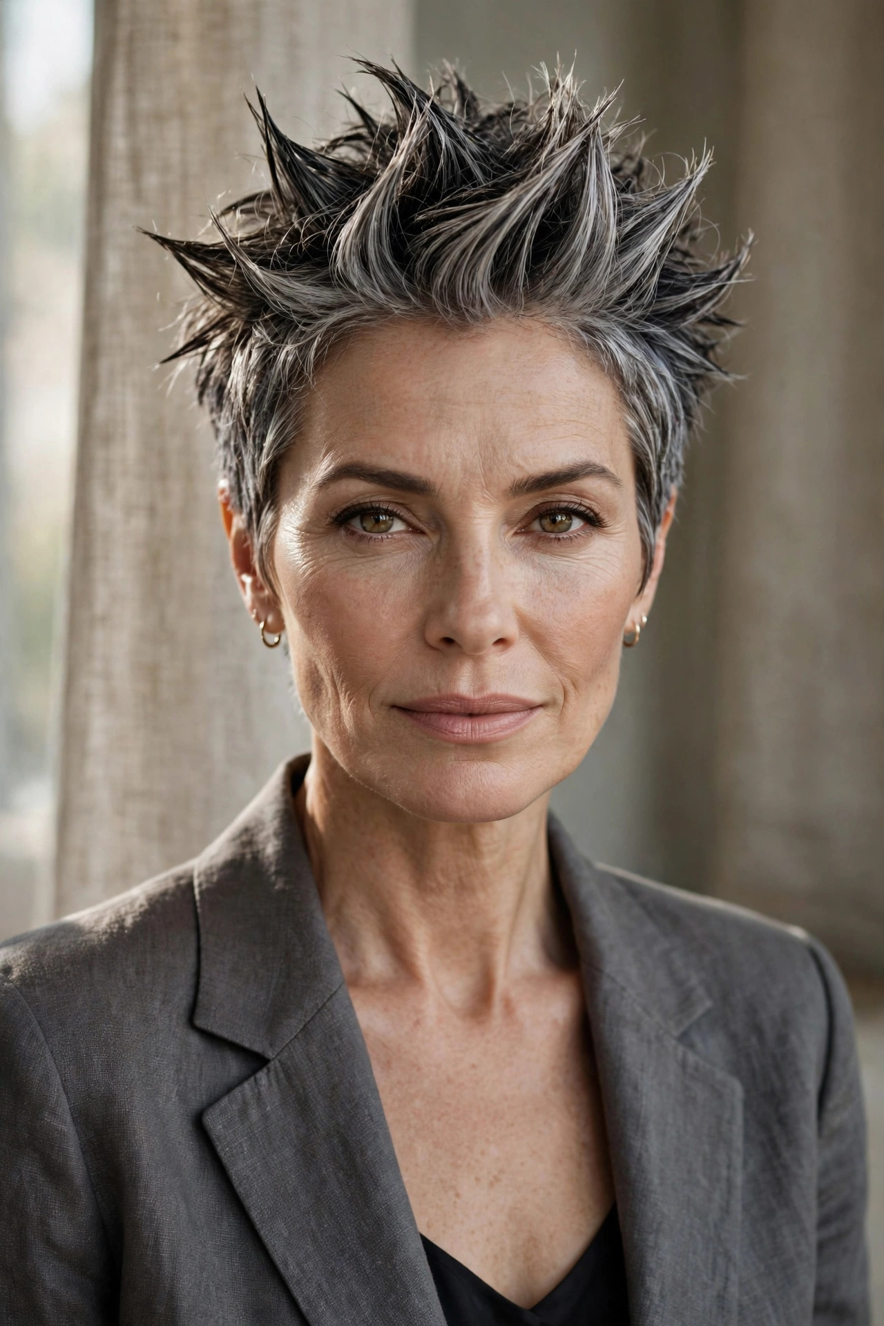 Woman in her 50s with a salt-and-pepper sculpted spiky pixie