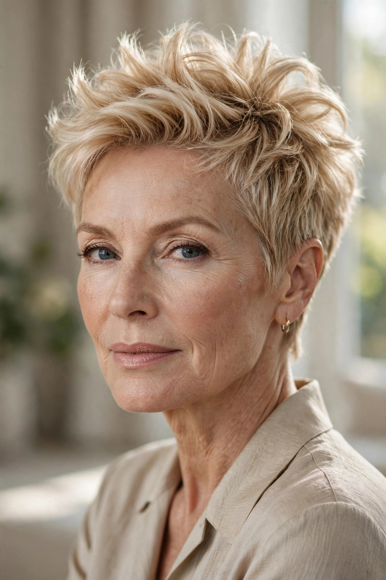 Woman in her 50s with a champagne puff spiky crop