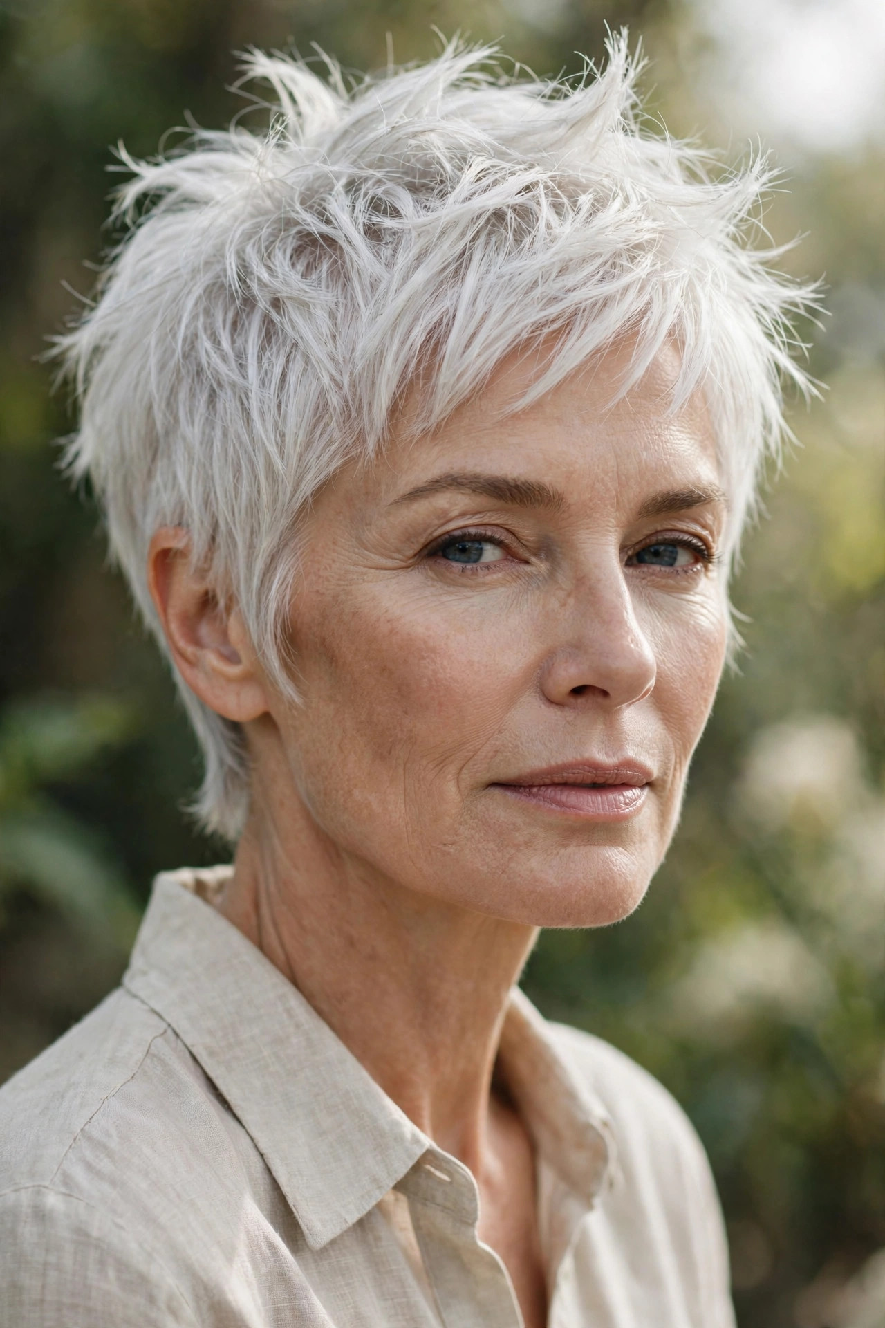 Woman in her 50s with a soft white wash-and-go spiky pixie