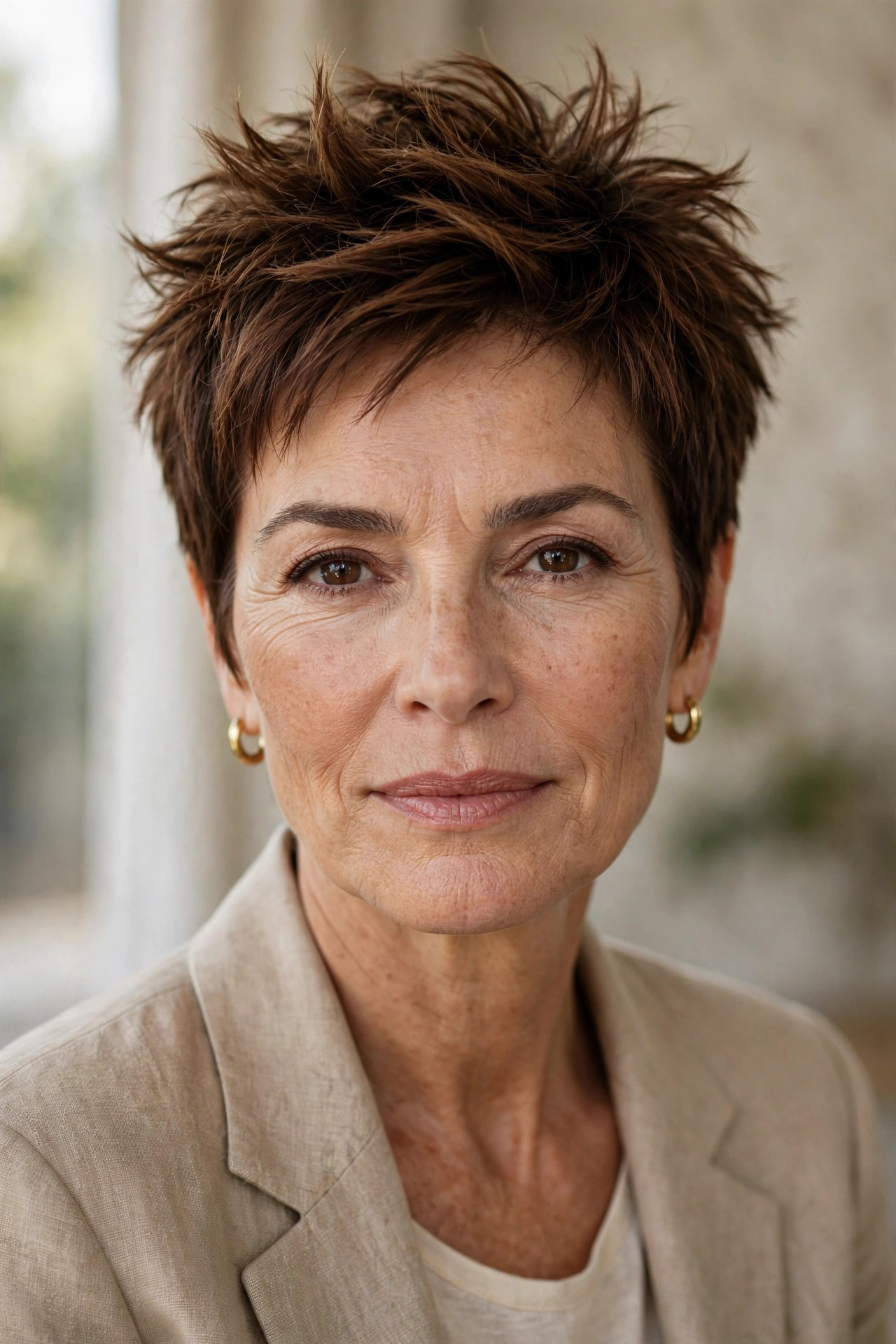 Woman in her 50s with a warm brown textured spiky pixie