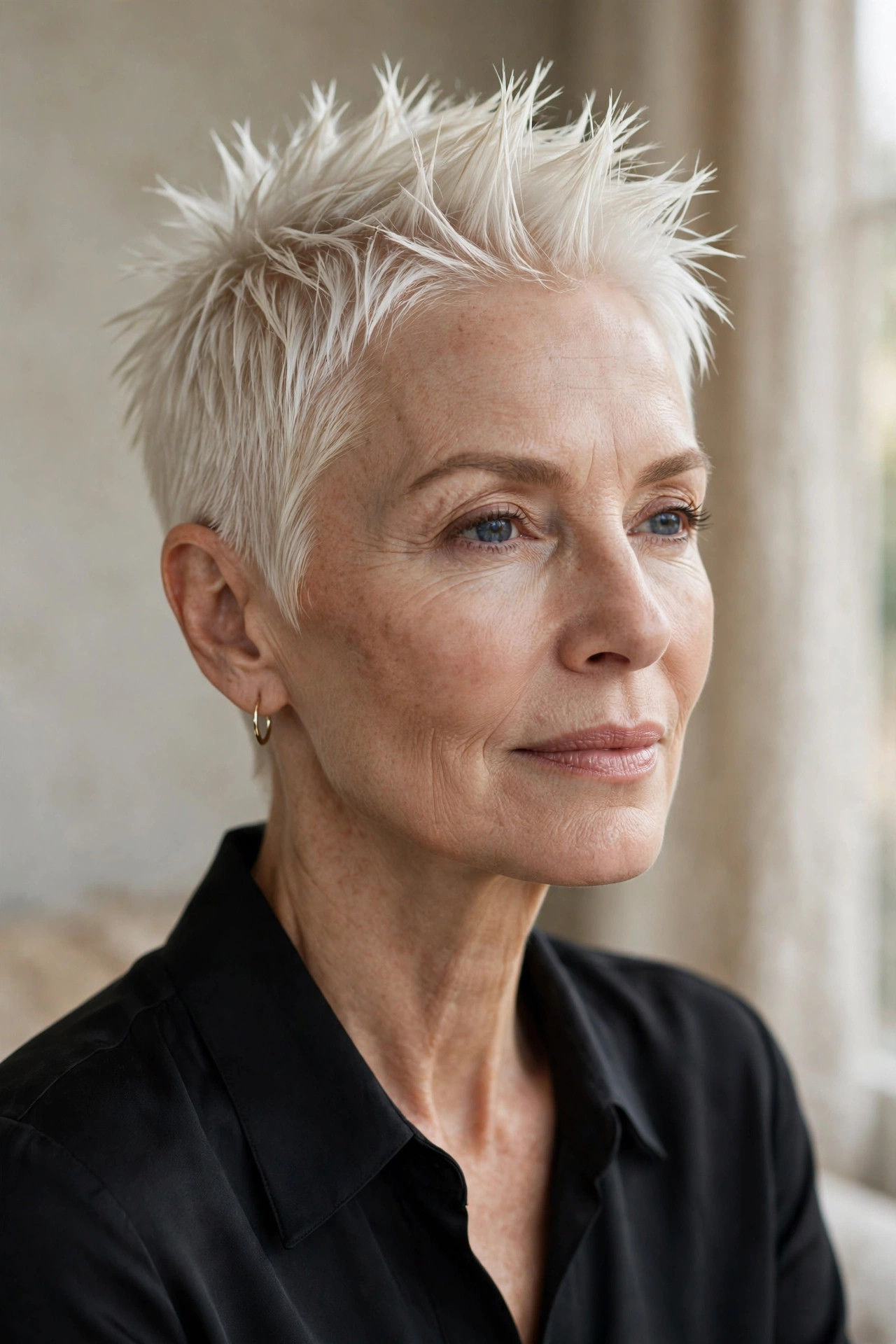 Woman in her 50s with a platinum close-cut spiky pixie