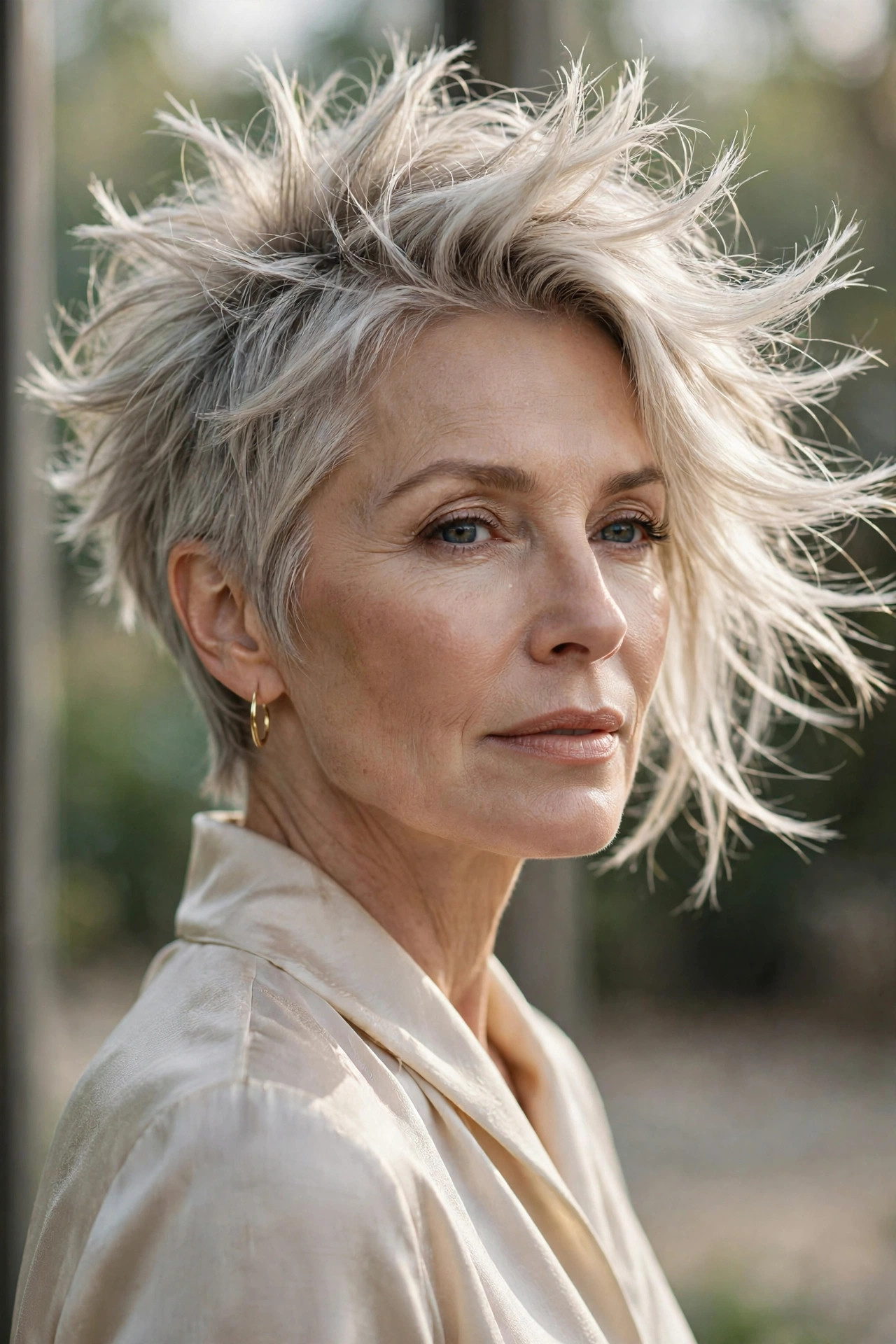 Woman in her 50s with an ash blonde feathered spiky crop