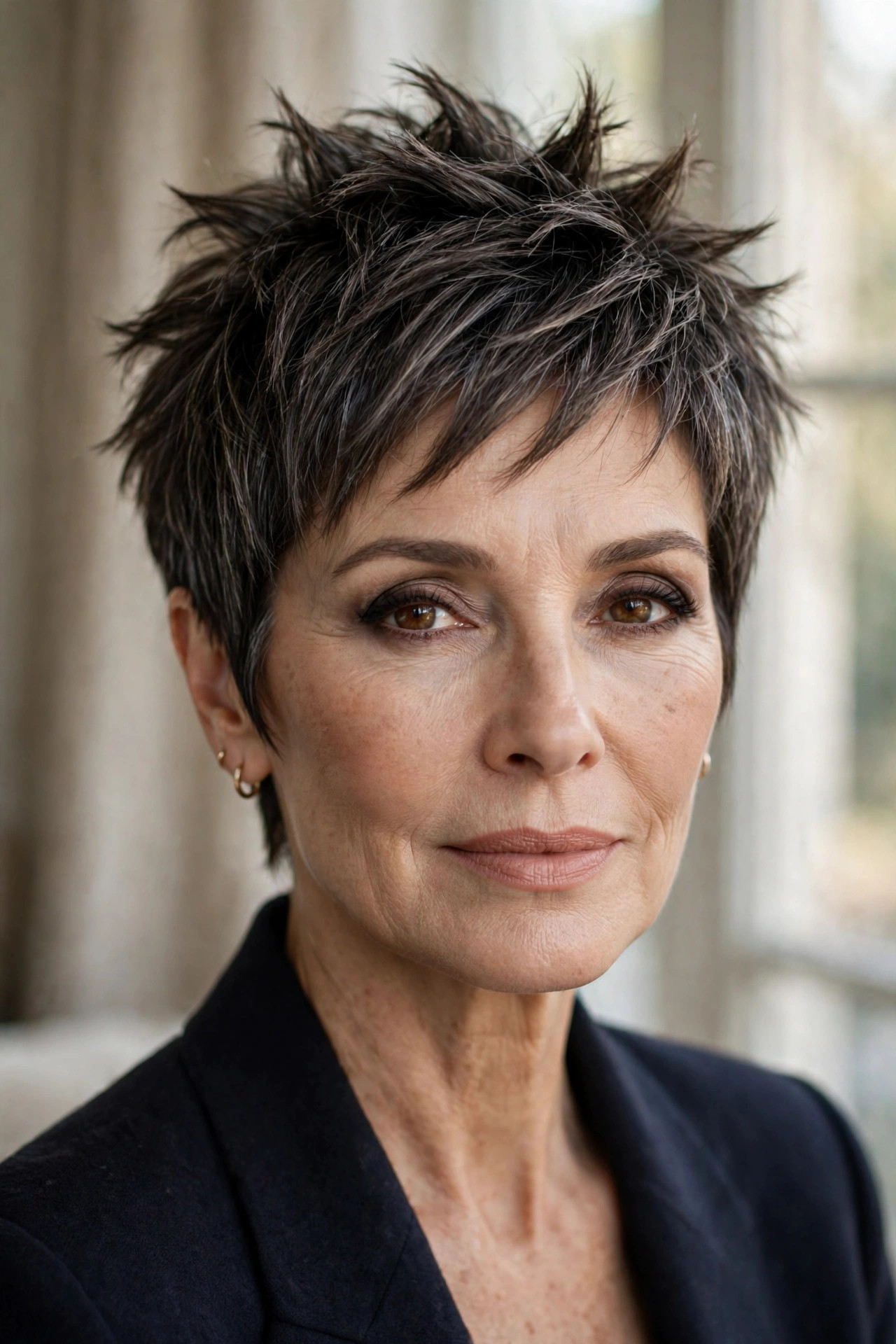 Woman in her 50s with a smoky brunette spiky pixie