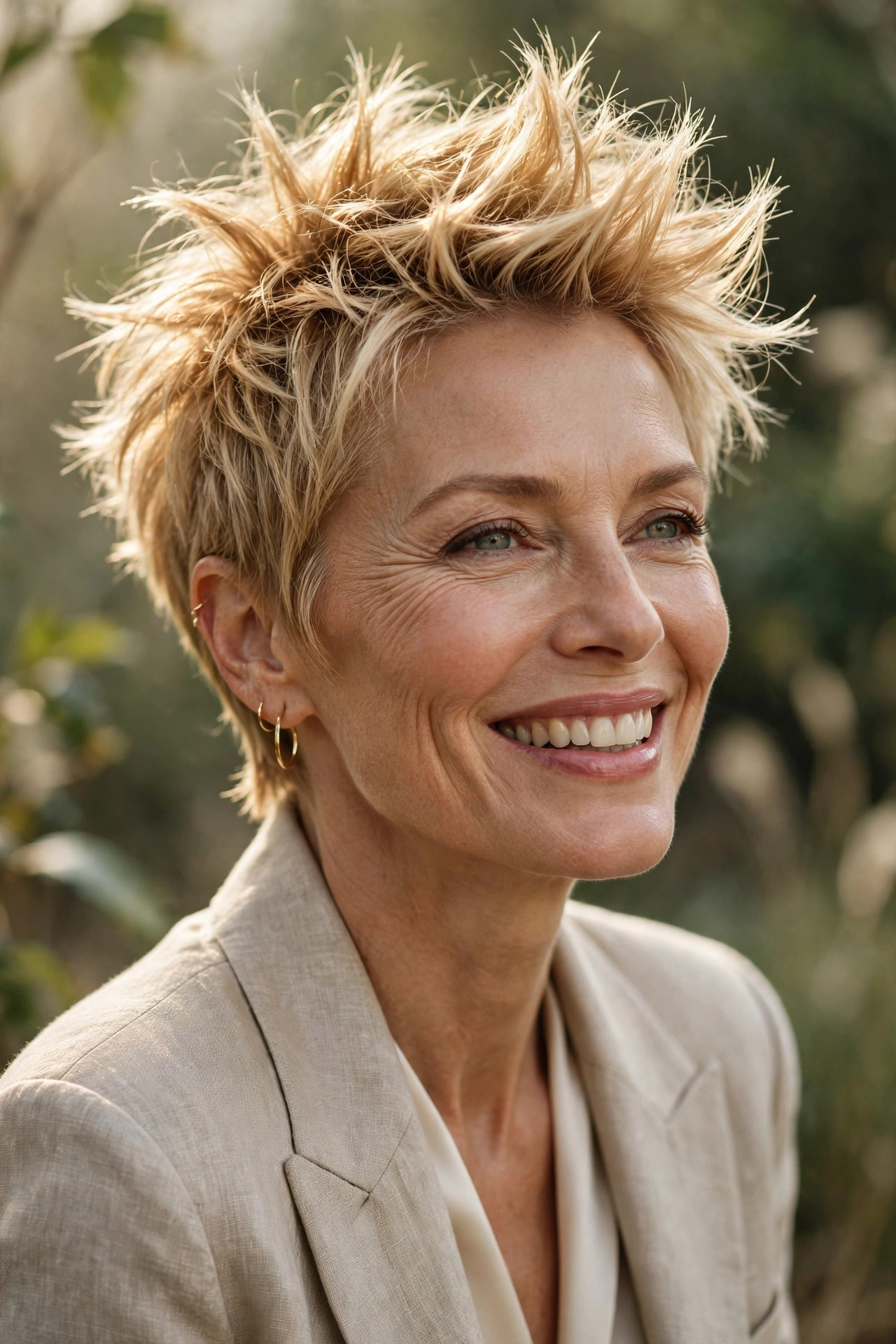 Woman in her 50s with a golden wheat tousled spiky pixie