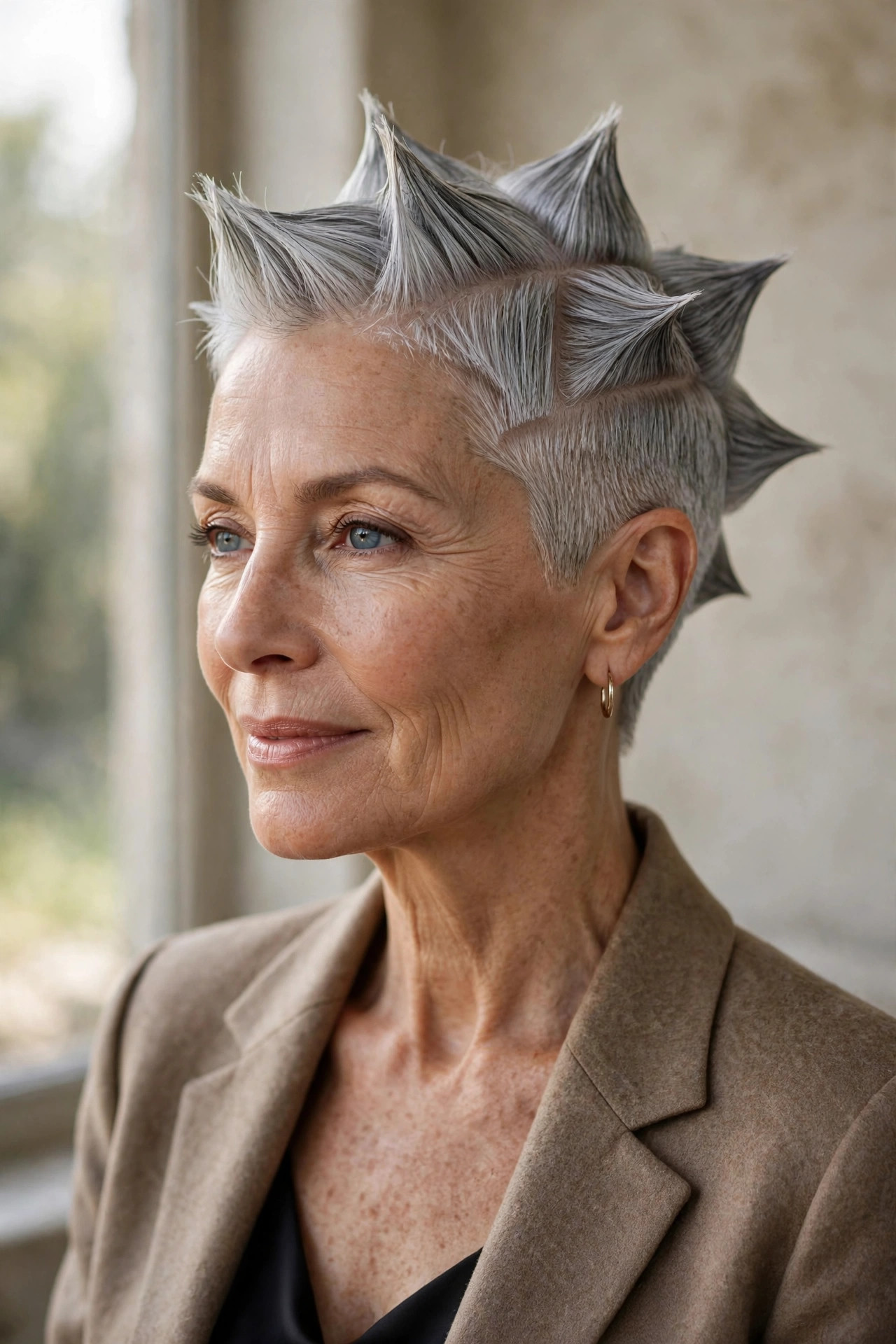 Woman in her 50s with an icy gray precision spiky crop