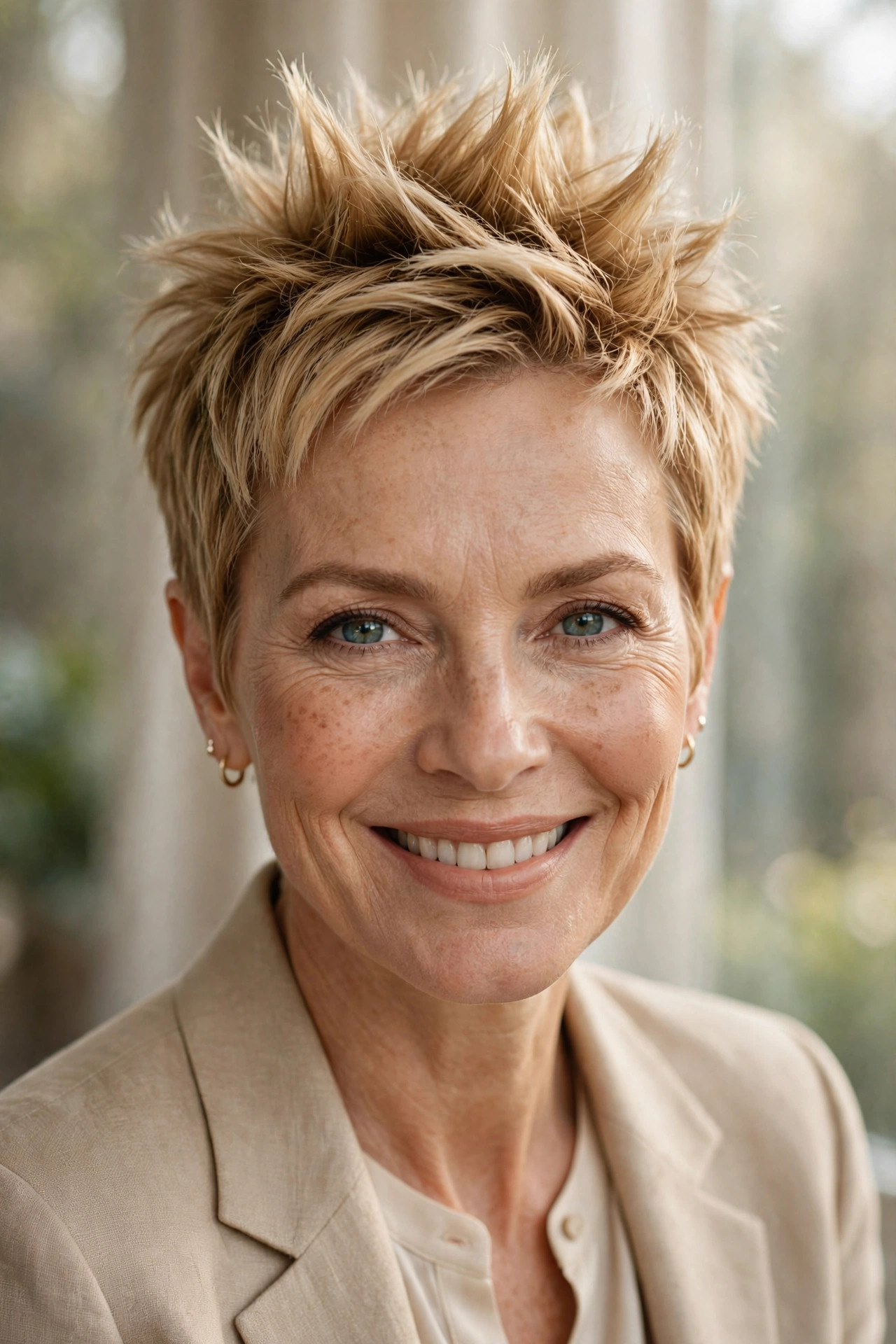 Woman in her 50s with a honey-blonde lifted spiky pixie