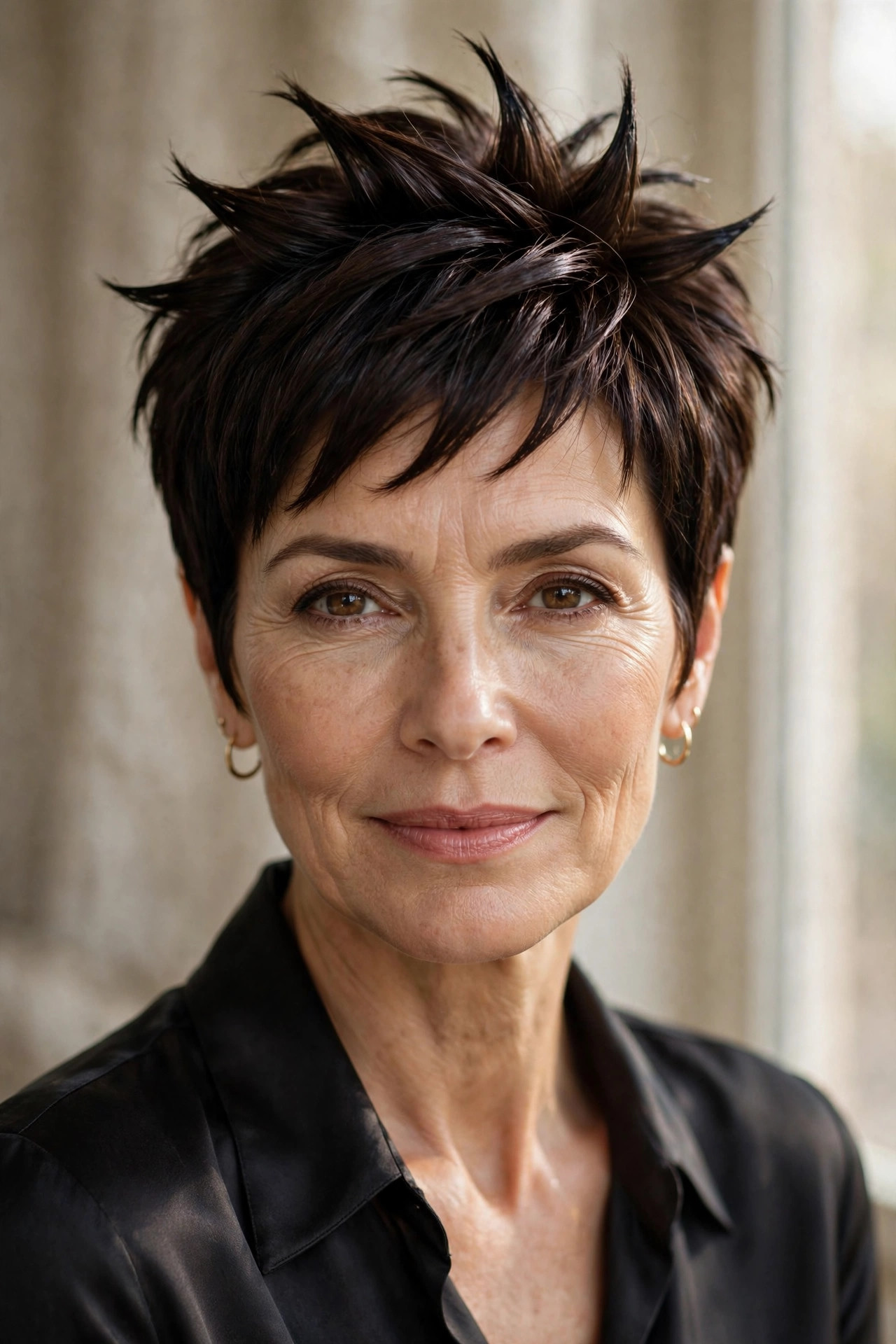 Woman in her 50s with an espresso defined spiky pixie