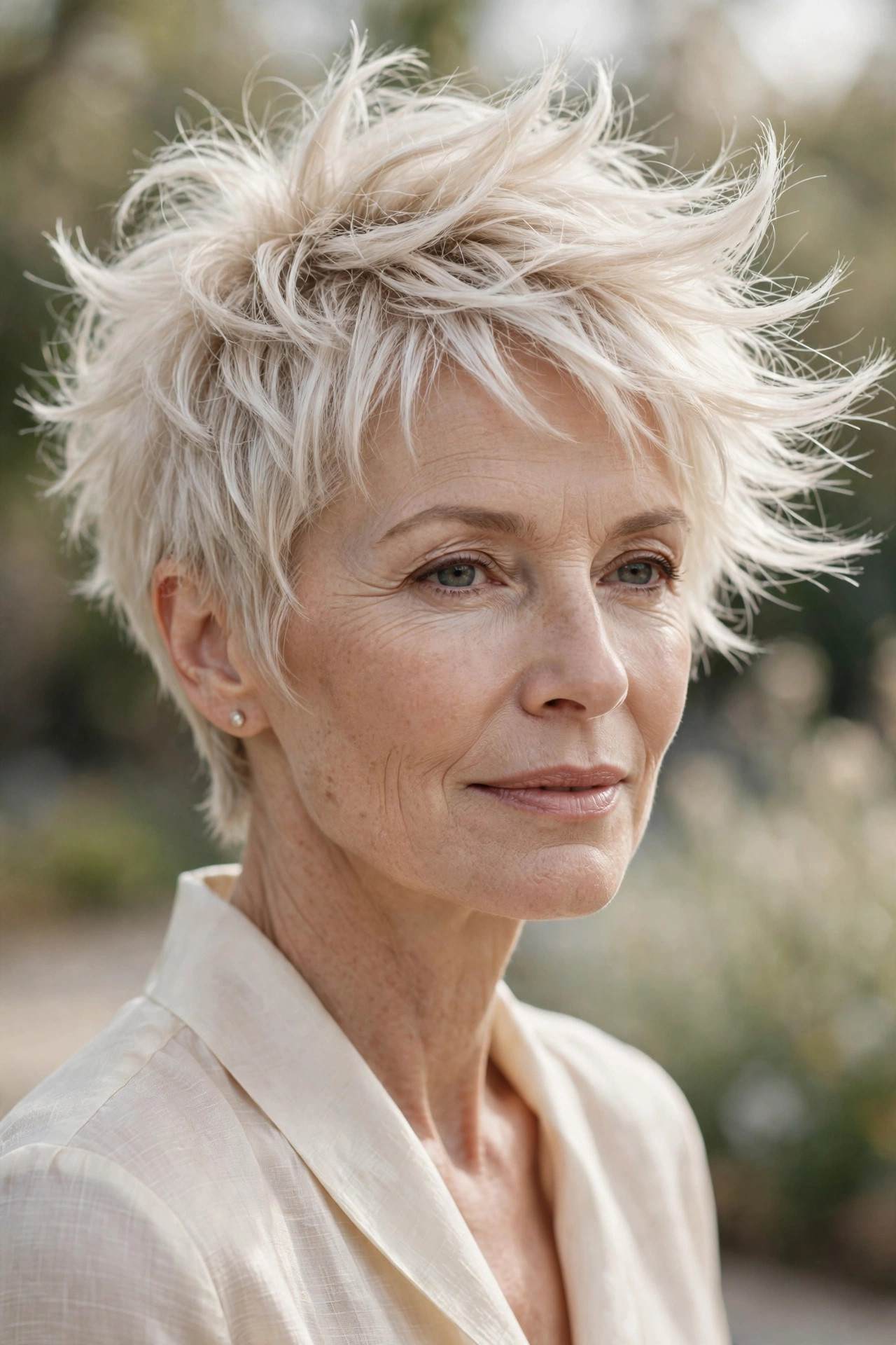 Woman in her 50s with a pearl blonde airy spiky pixie