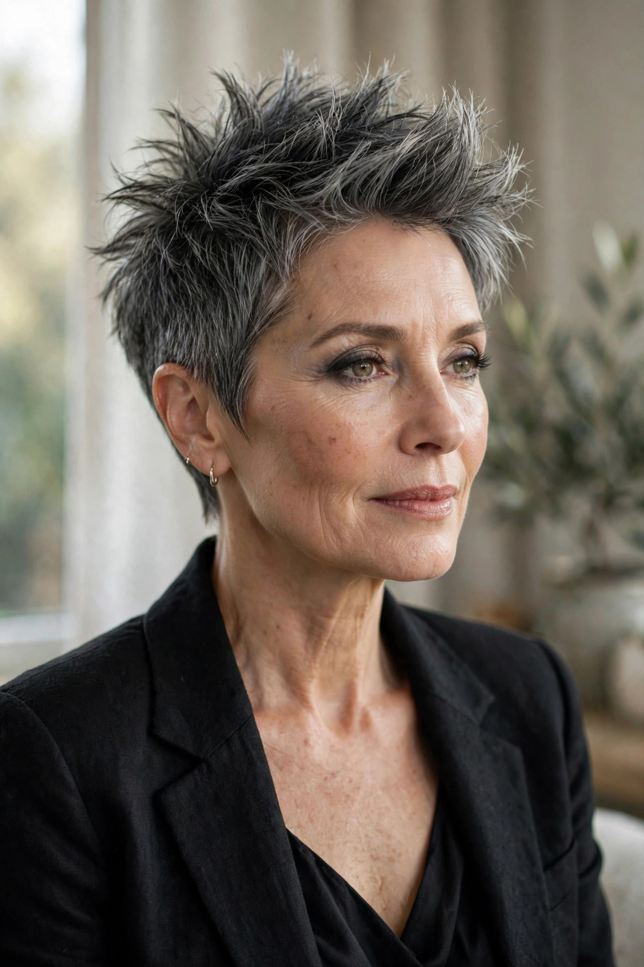 Woman in her 50s with a graphite silver spiky crop
