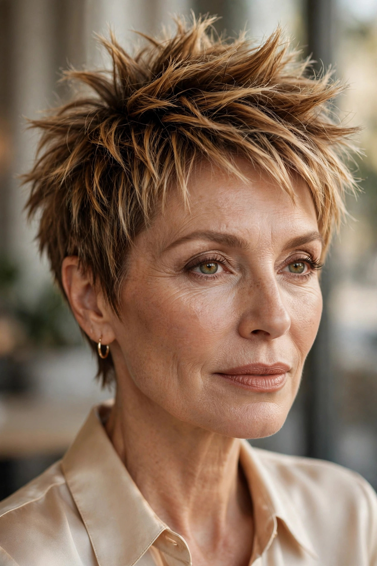Woman in her 50s with a butterscotch textured spiky pixie