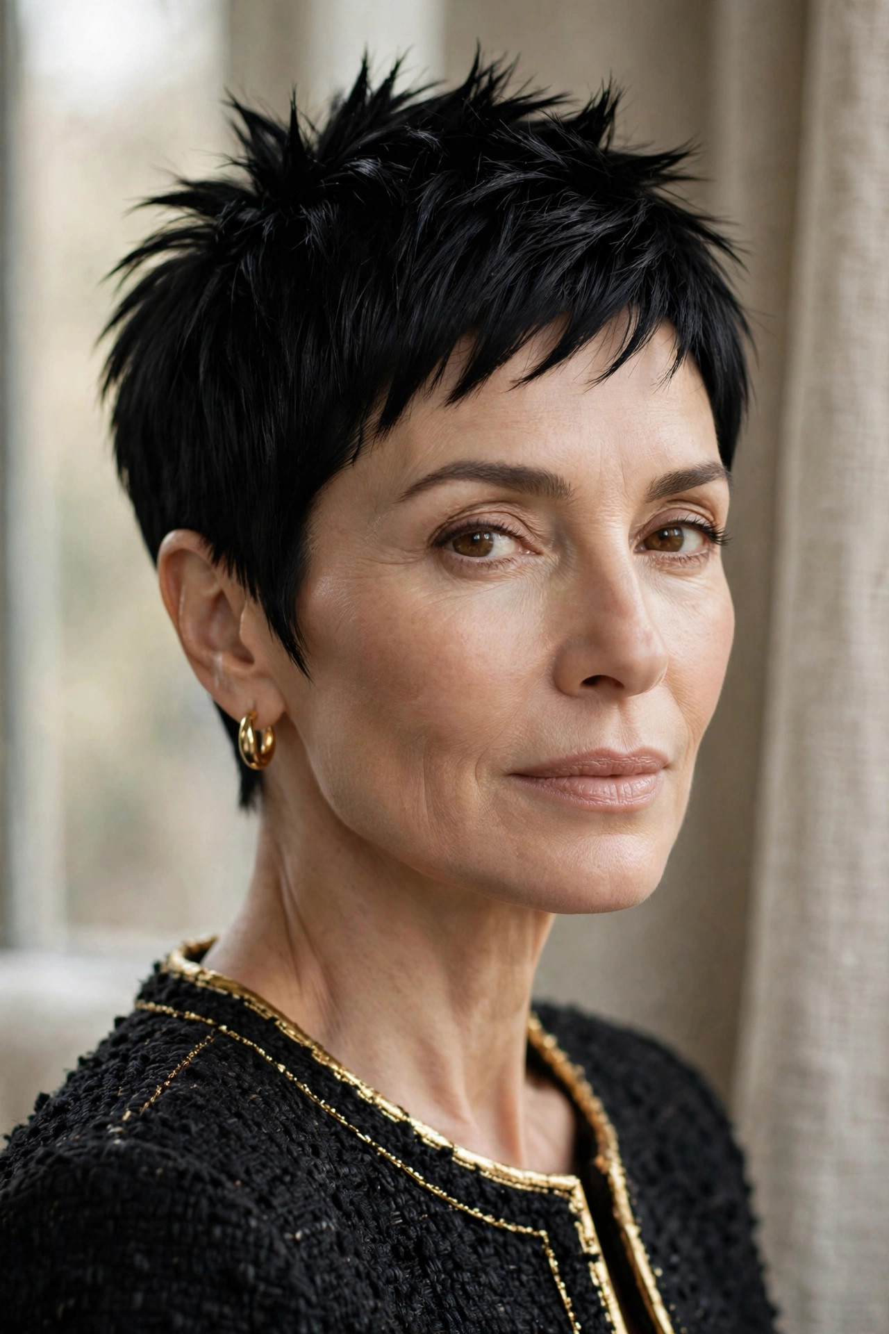 Woman in her 50s with a soft black neat spiky pixie