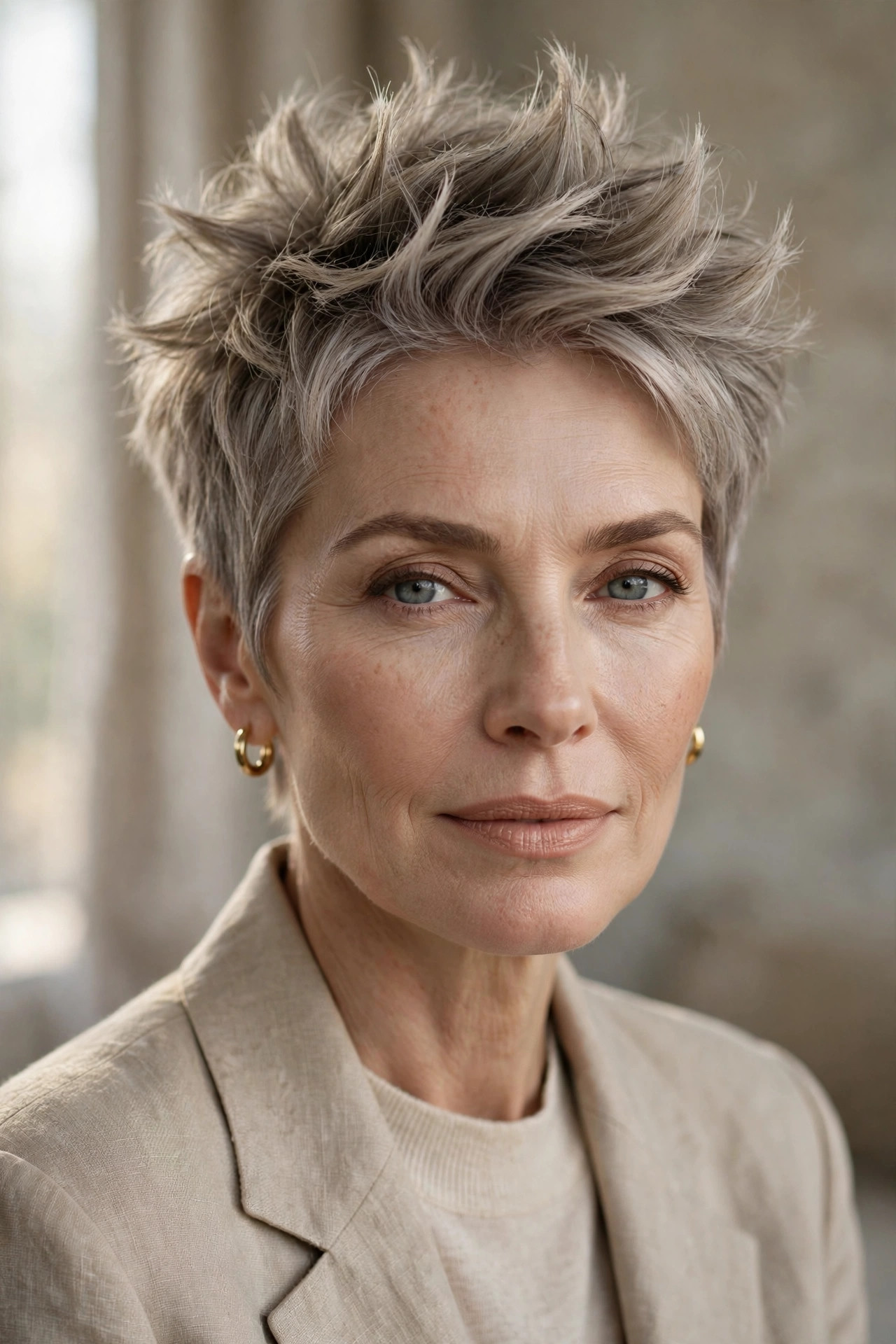 Woman in her 50s with a frosted taupe spiky pixie