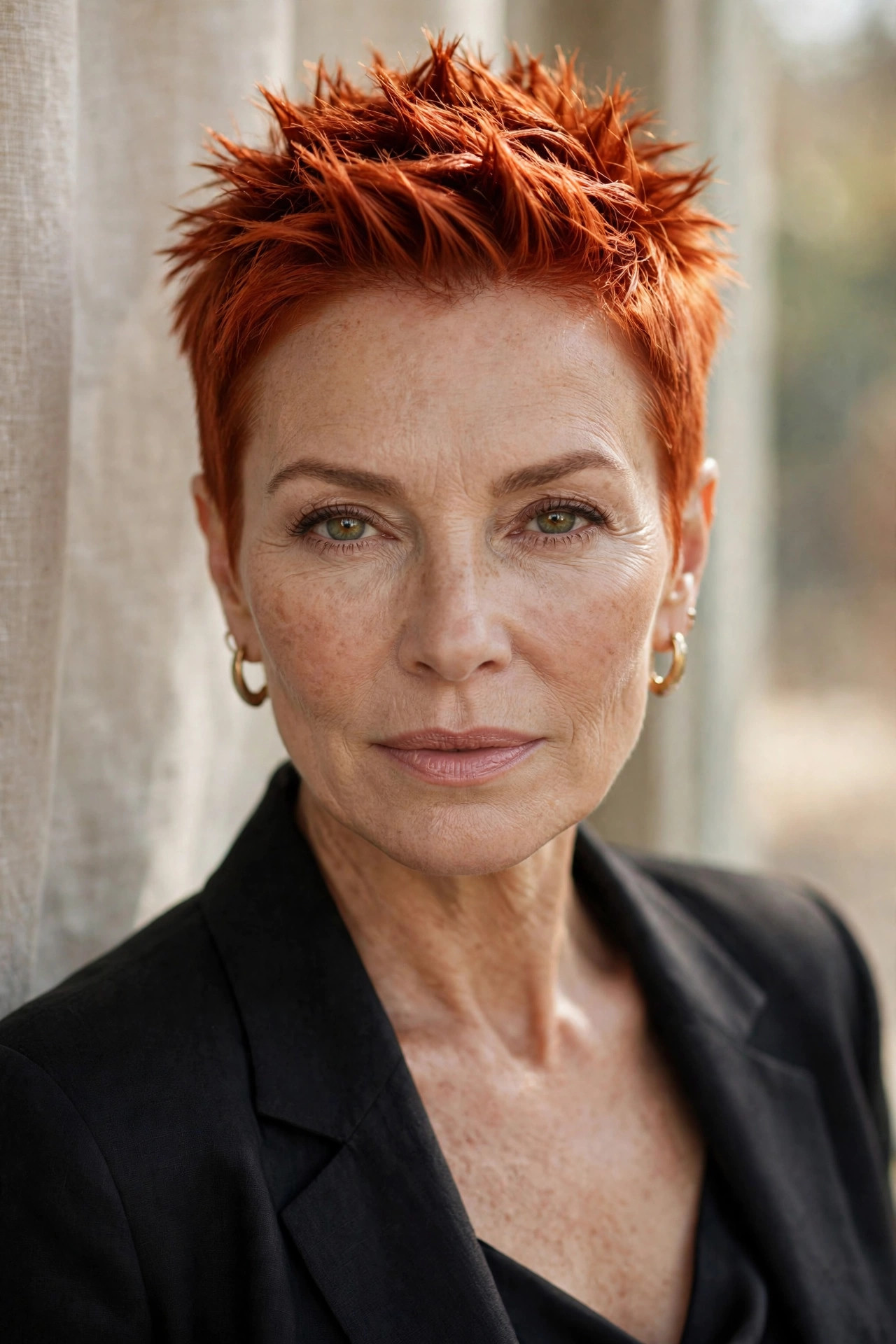 Woman in her 50s with a copper penny spiky crop