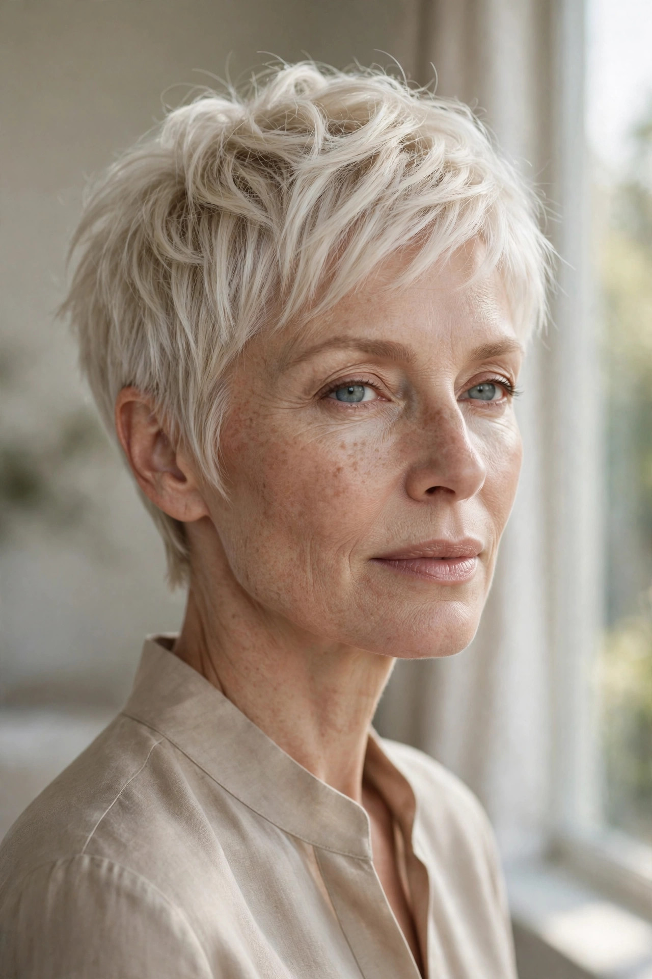Woman in her 50s with a vanilla blonde piecey pixie