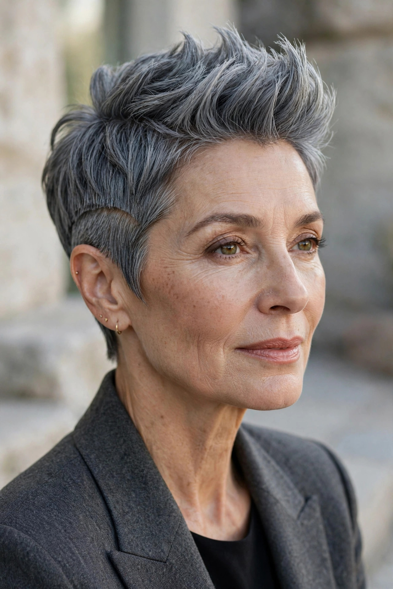 Woman in her 50s with a slate gray sculpted pixie