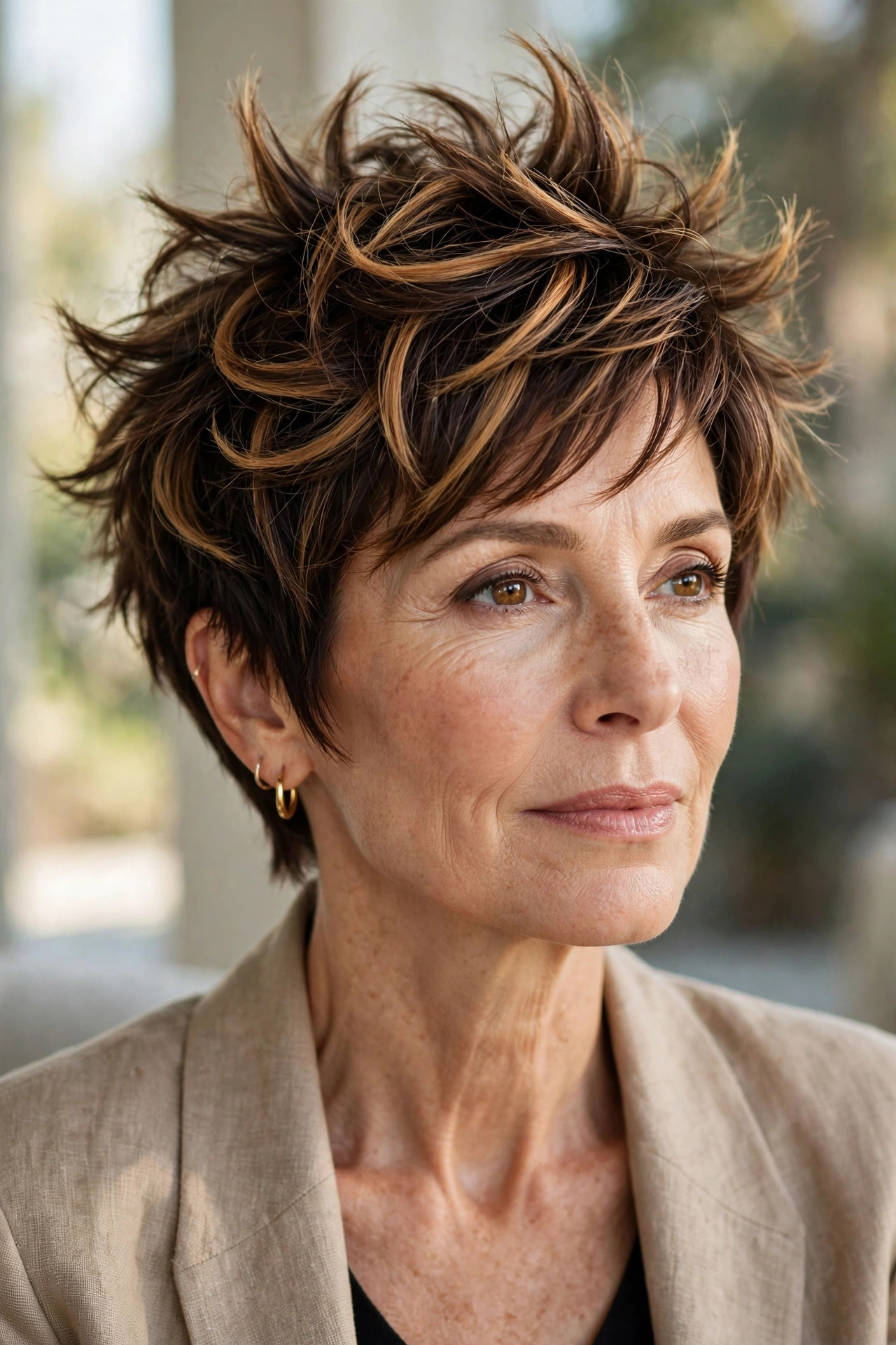 Woman in her 50s with a caramel swirl spiky pixie