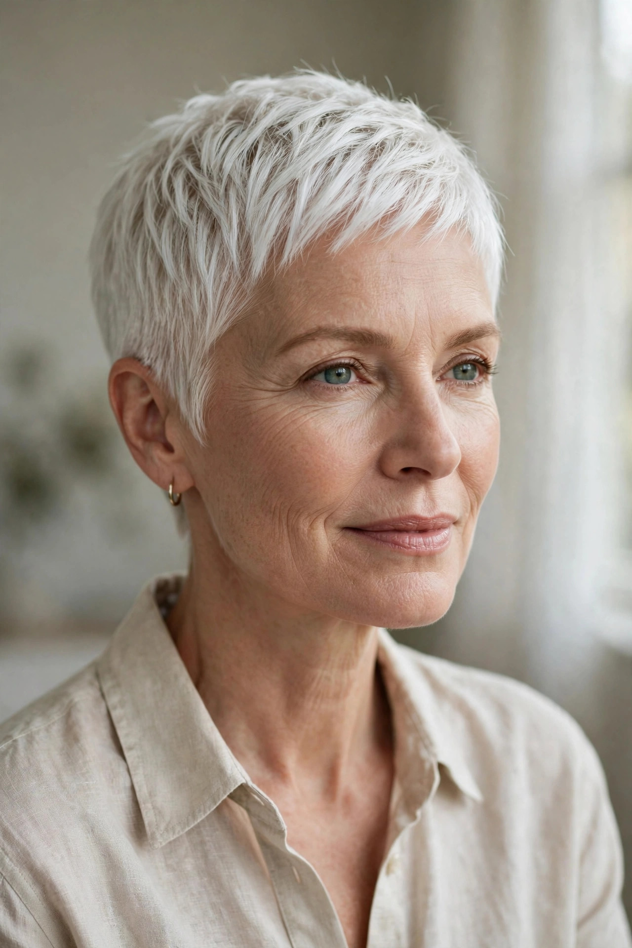 Woman in her 50s with a bright white structured spiky pixie